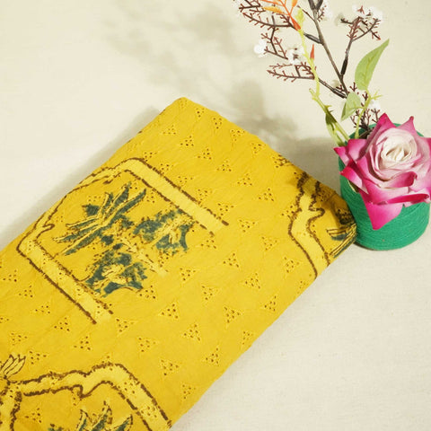 Mustard Yellow Ajrakh Print Cotton Schiffli Fabric CG-25530