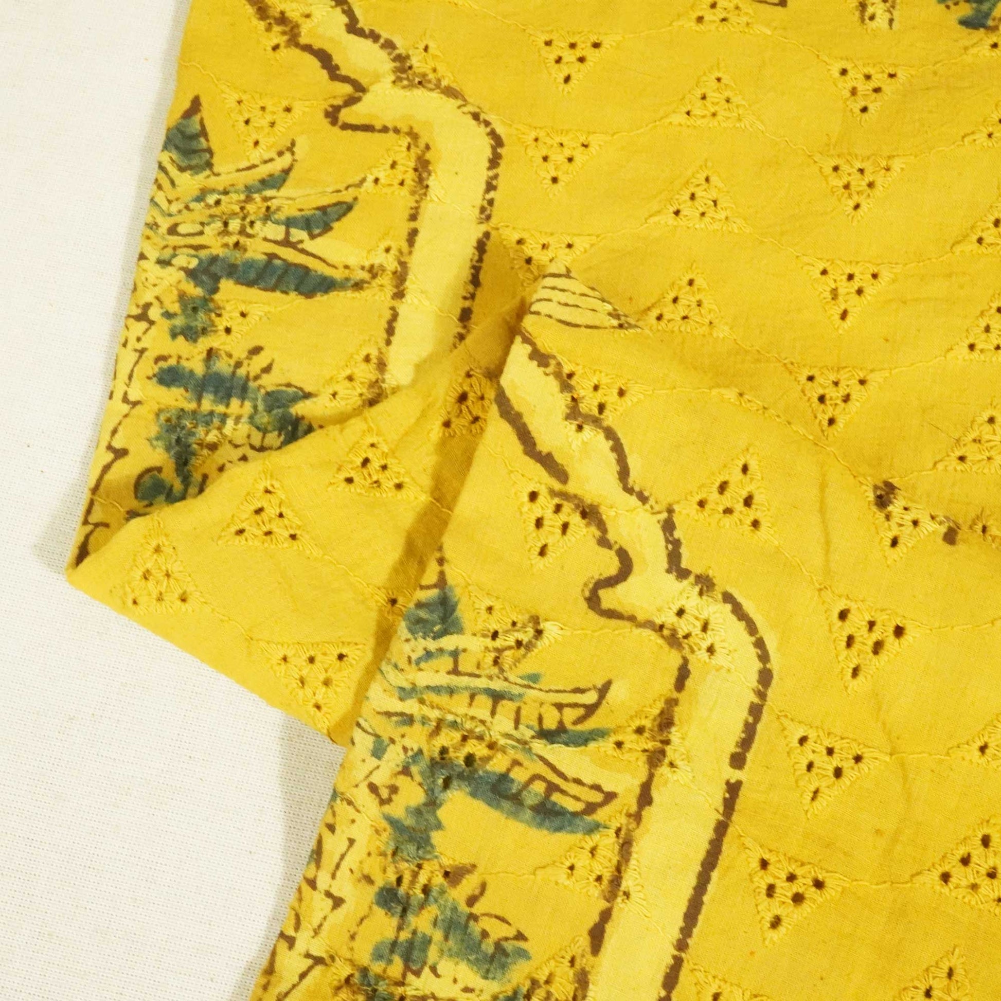 Mustard Yellow Ajrakh Print Cotton Schiffli Fabric CG-25530