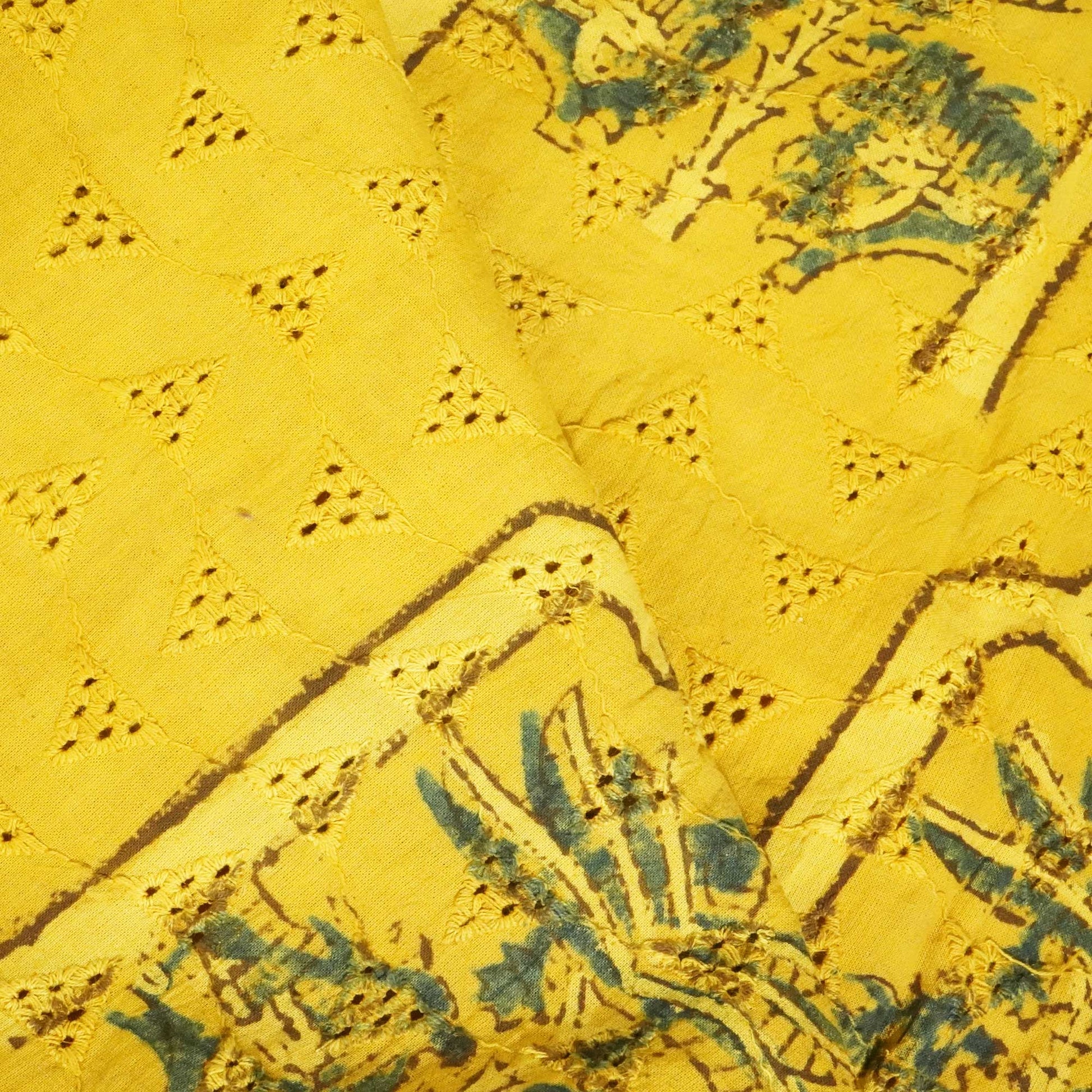 Mustard Yellow Ajrakh Print Cotton Schiffli Fabric CG-25530
