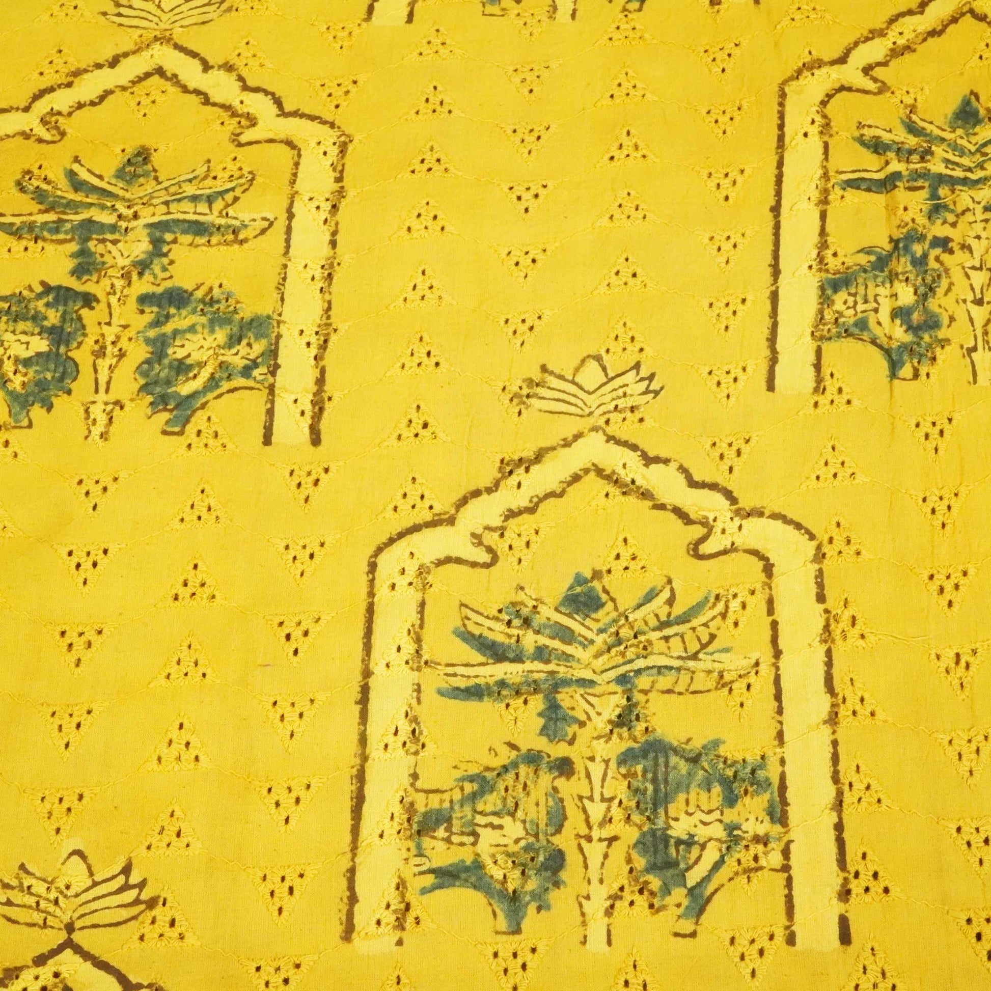 Mustard Yellow Ajrakh Print Cotton Schiffli Fabric CG-25530