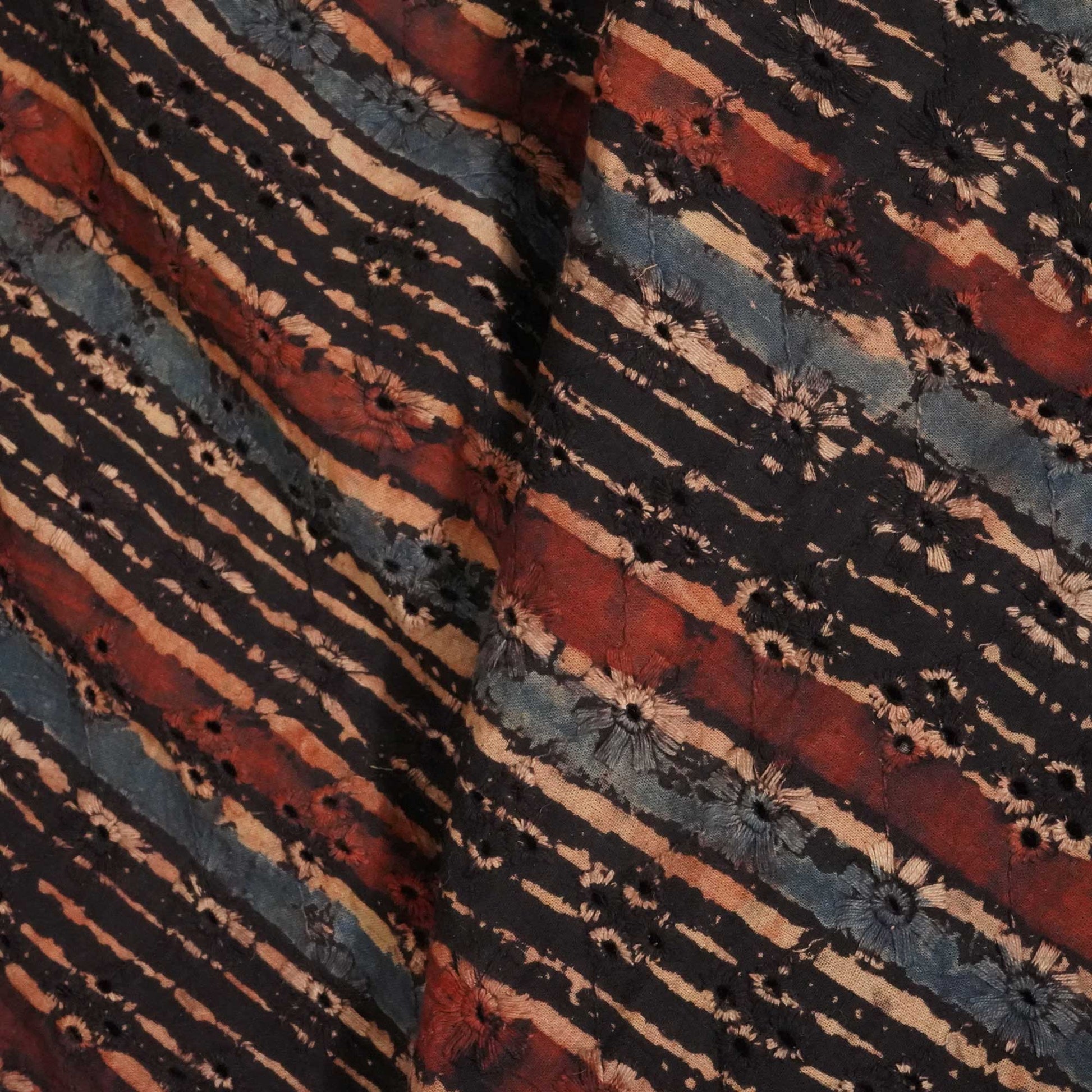 Black Stripes Ajrakh Print Cotton Schiffli Fabric CG-25536