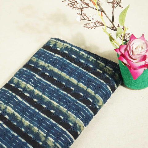 Indigo Pichwai Stripes Print Cotton Schiffli Fabric CG-25538