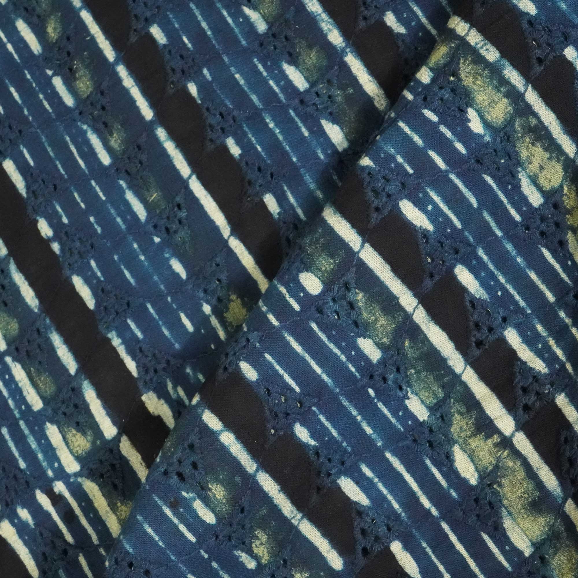 Indigo Pichwai Stripes Print Cotton Schiffli Fabric CG-25538