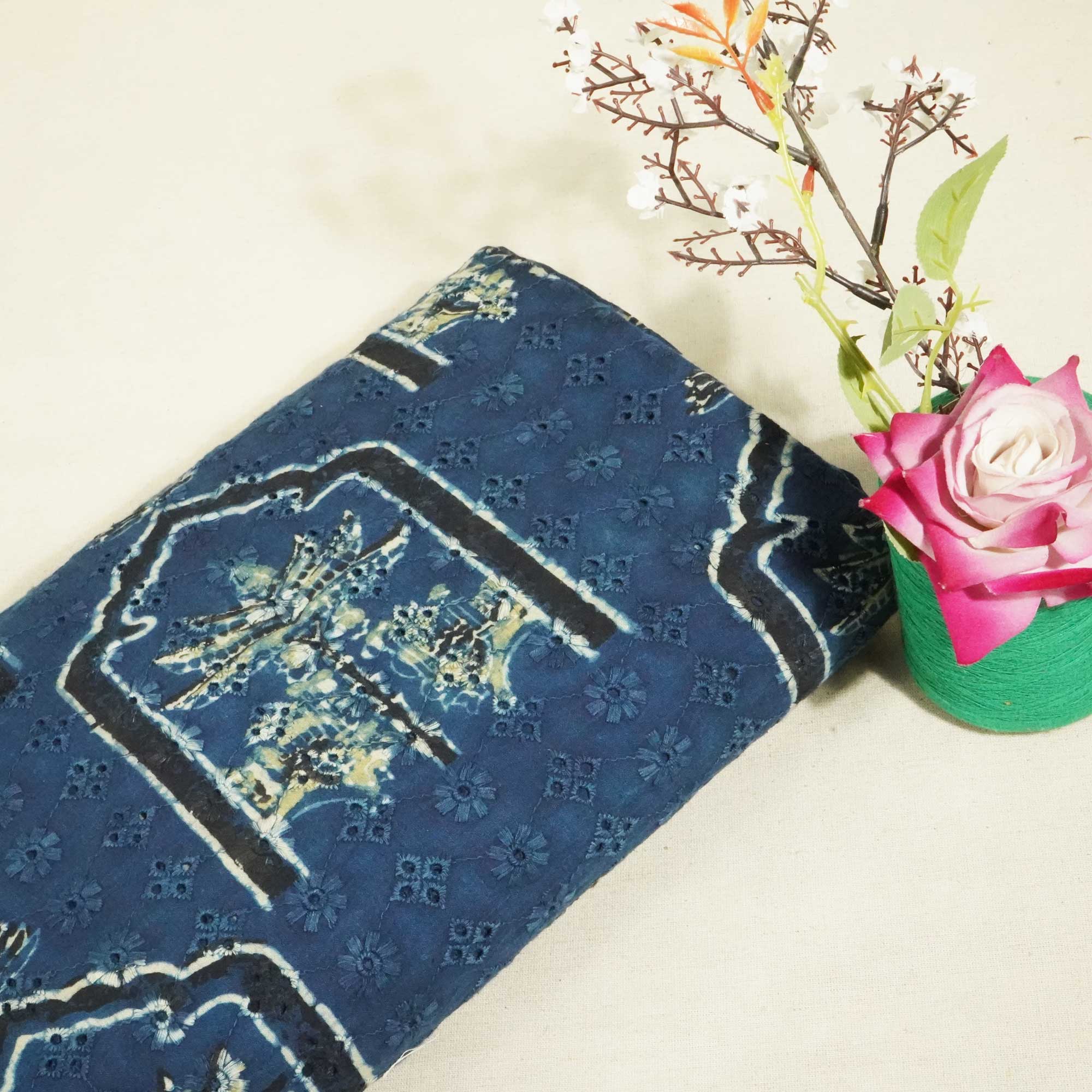 Indigo Pichwai Stripes Print Cotton Schiffli Fabric CG-25539
