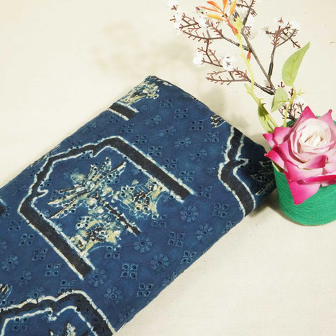 Indigo Pichwai Stripes Print Cotton Schiffli Fabric CG-25539