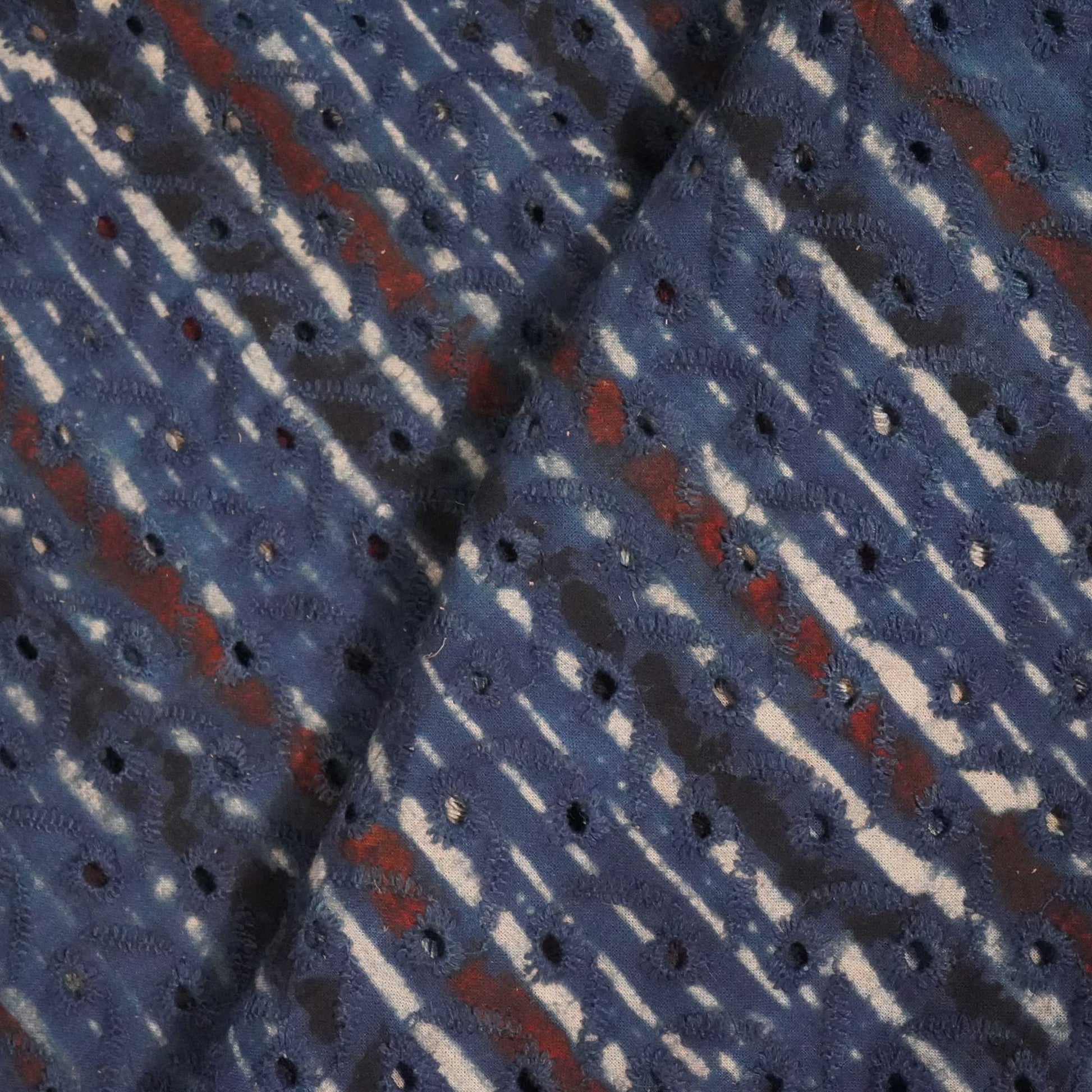 Indigo Stripes Print Cotton Schiffli Fabric CG-25543