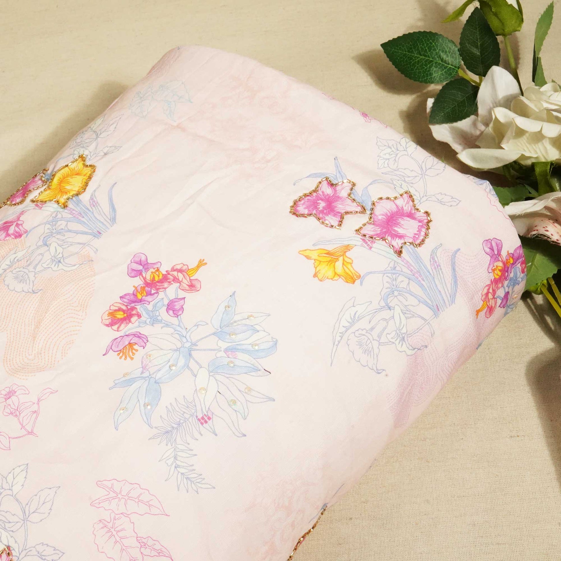 Peach Pink Floral Cutdana Embroidery Cotton Linen Fabric GT-25546