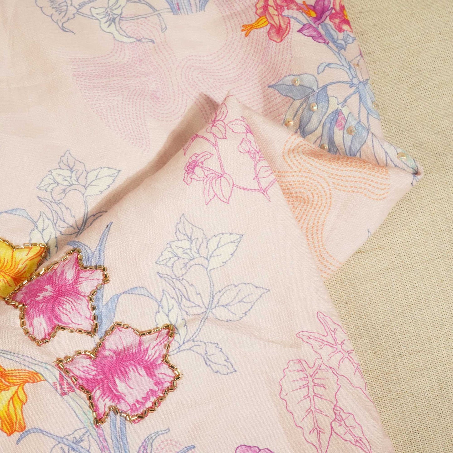 Peach Pink Floral Cutdana Embroidery Cotton Linen Fabric GT-25546