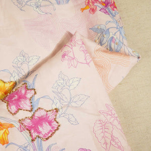 Peach Pink Floral Cutdana Embroidery Cotton Linen Fabric GT-25546