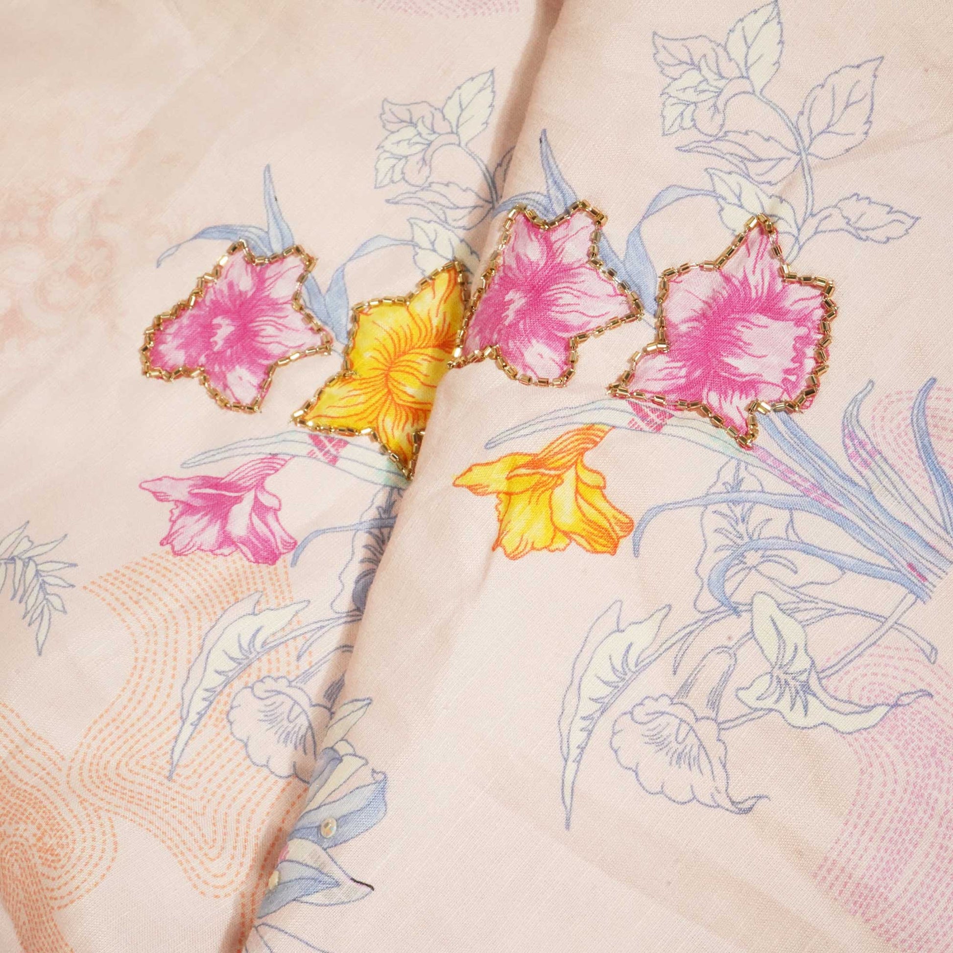 Peach Pink Floral Cutdana Embroidery Cotton Linen Fabric GT-25546