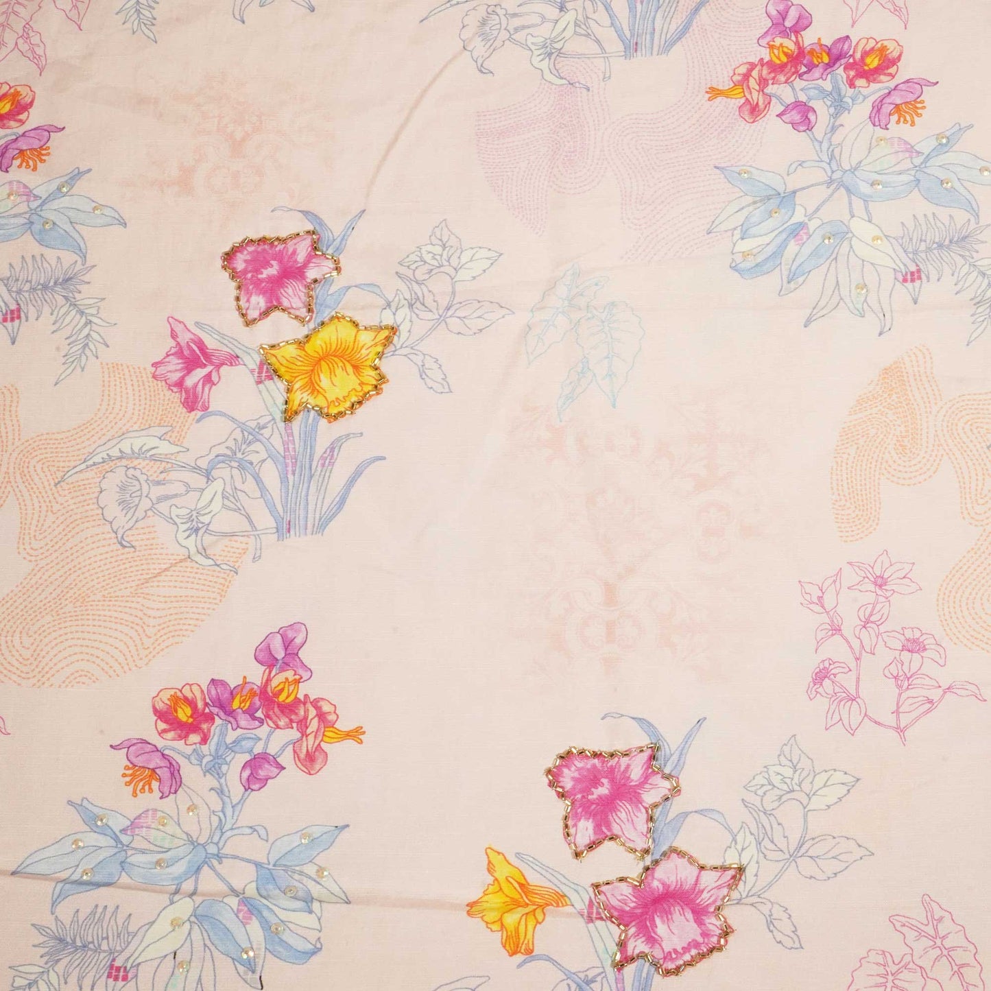 Peach Pink Floral Cutdana Embroidery Cotton Linen Fabric GT-25546