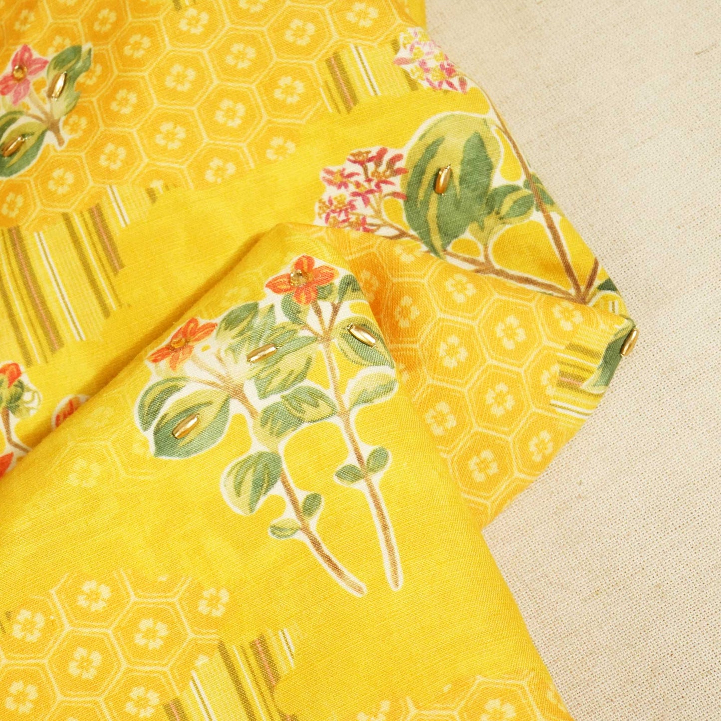 Mustard Yellow Ricebeads Embroidery Cotton Linen Fabric GT-25547