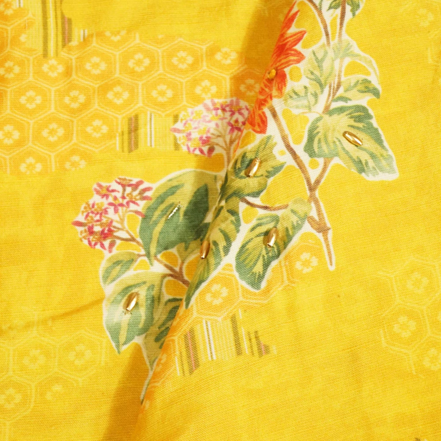 Mustard Yellow Ricebeads Embroidery Cotton Linen Fabric GT-25547