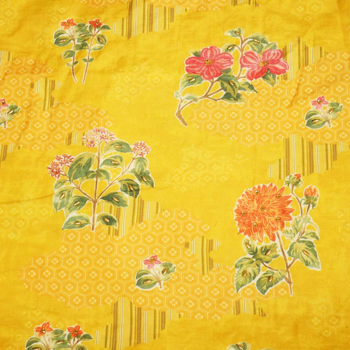 Mustard Yellow Ricebeads Embroidery Cotton Linen Fabric GT-25547