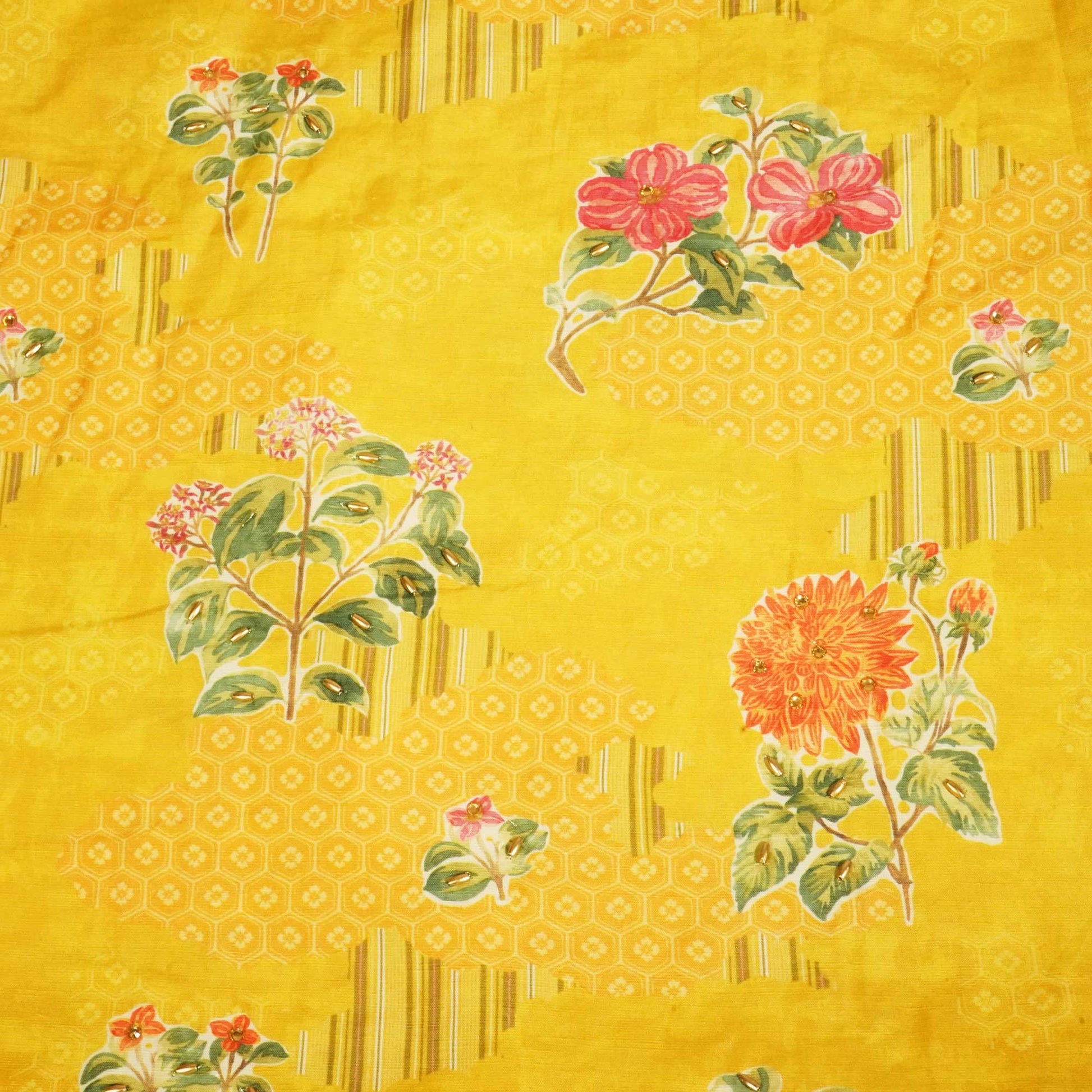 Mustard Yellow Ricebeads Embroidery Cotton Linen Fabric GT-25547