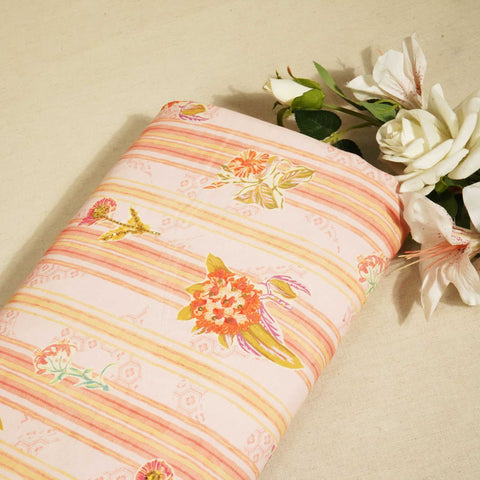 Peach and Multicolor Stripes Cutdana Embroidery Cotton Linen Fabric GT-25548