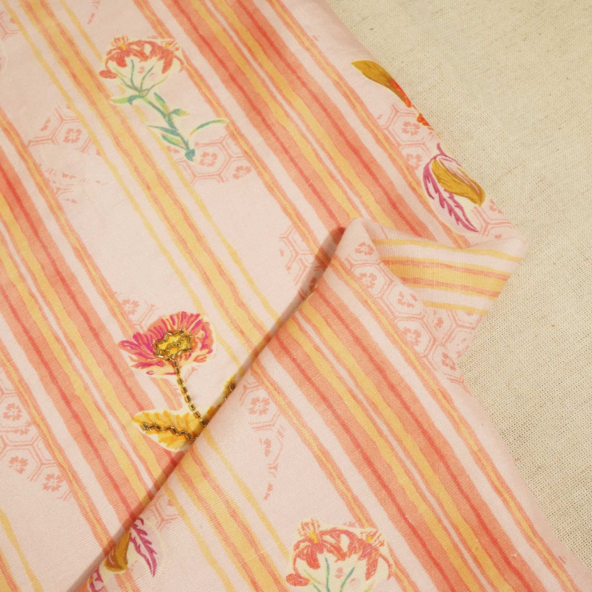 Peach and Multicolor Stripes Cutdana Embroidery Cotton Linen Fabric GT-25548