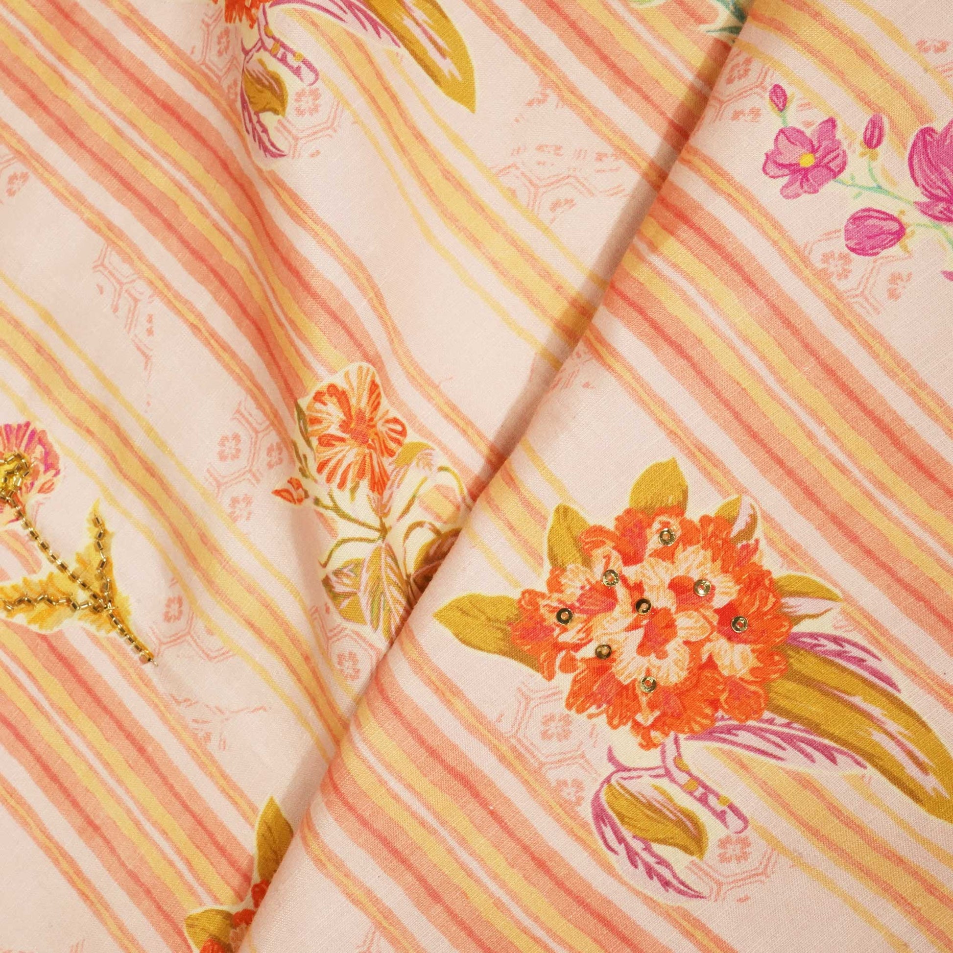 Peach and Multicolor Stripes Cutdana Embroidery Cotton Linen Fabric GT-25548