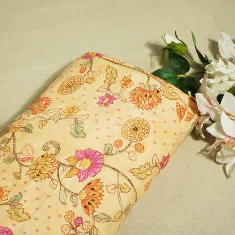 Light Orange Floral Mirror & Cutdana Embroidery Cotton Linen Fabric GT-25549