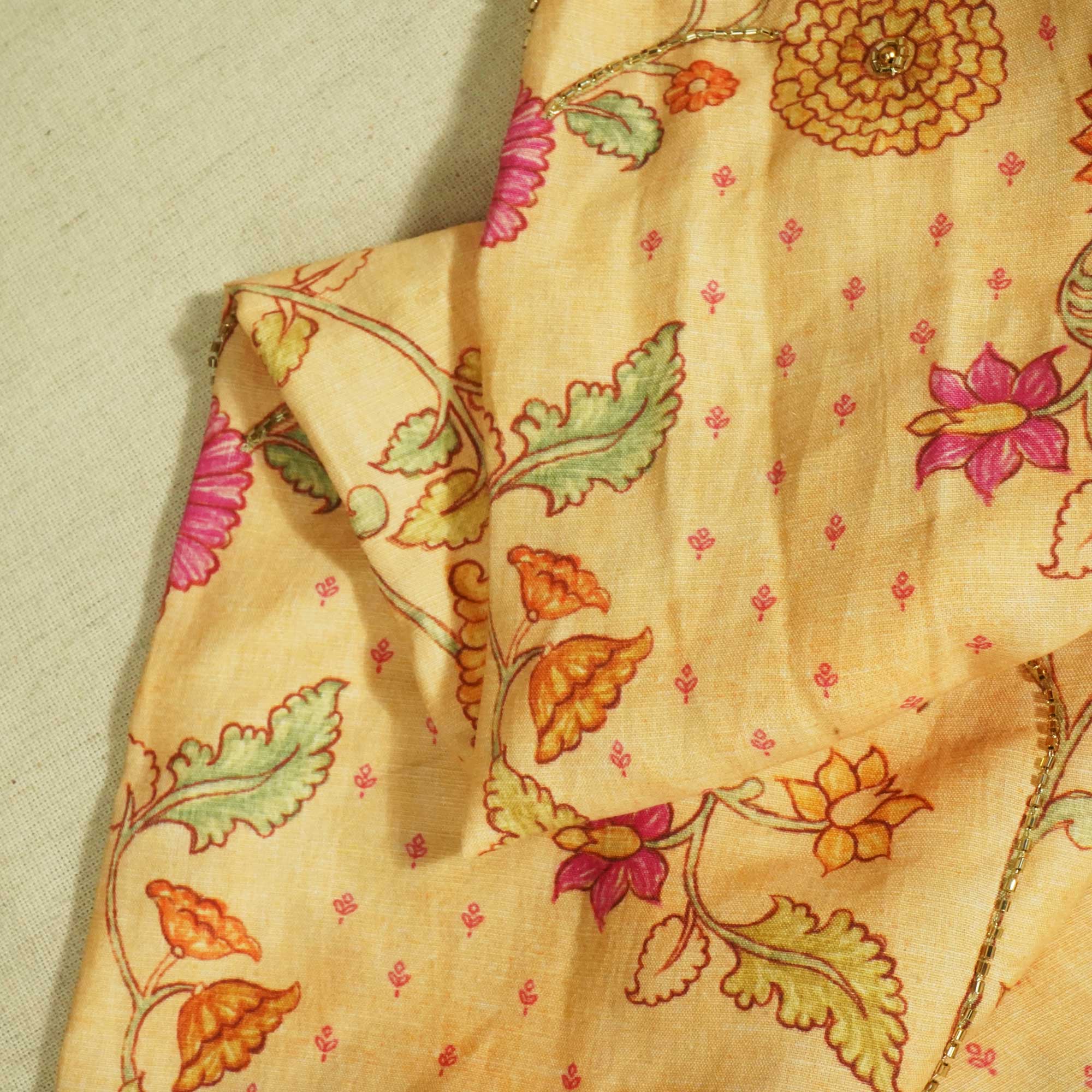 Light Orange Floral Mirror & Cutdana Embroidery Cotton Linen Fabric GT-25549