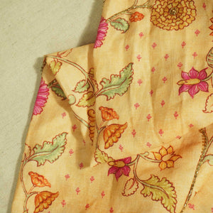 Light Orange Floral Mirror & Cutdana Embroidery Cotton Linen Fabric GT-25549