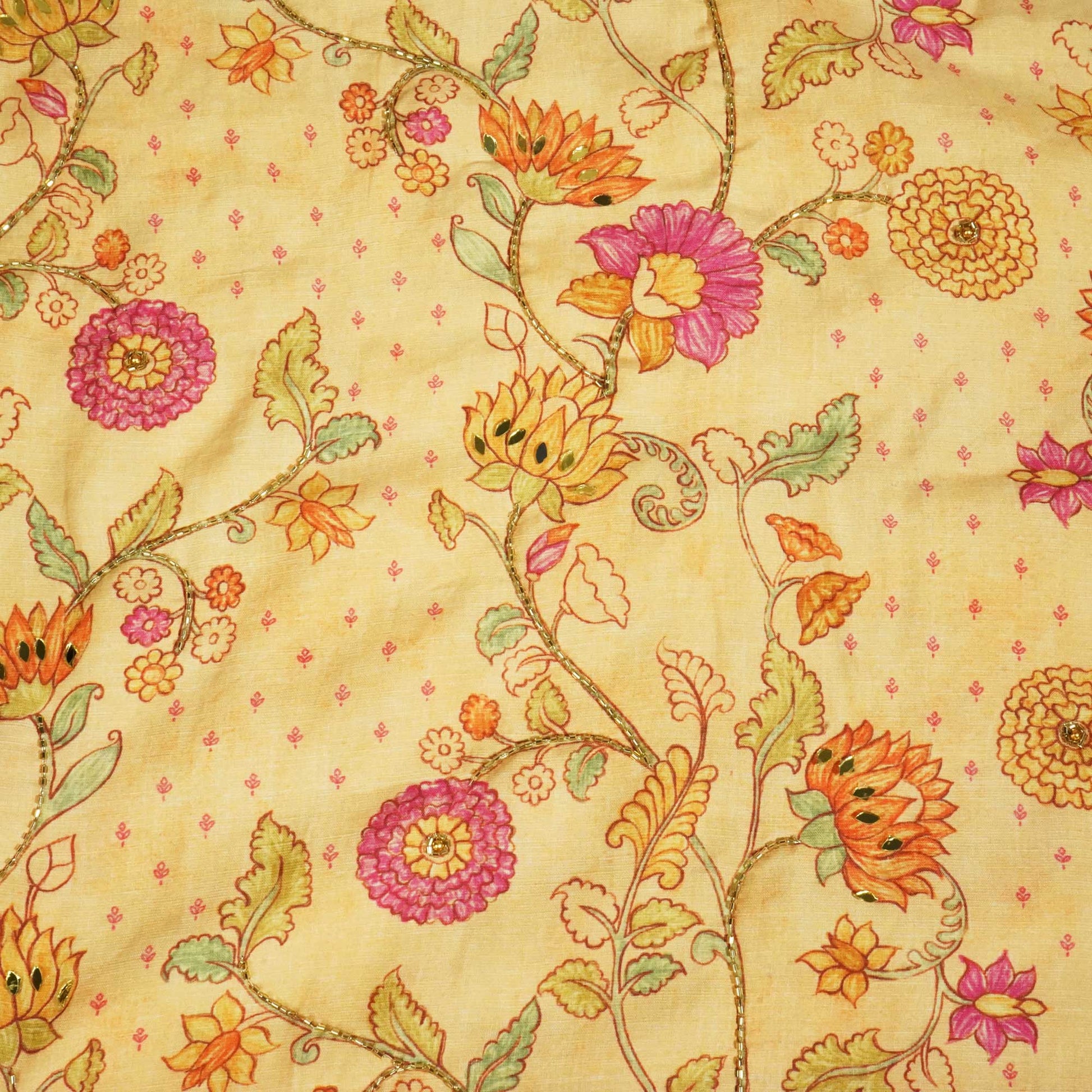 Light Orange Floral Mirror & Cutdana Embroidery Cotton Linen Fabric GT-25549