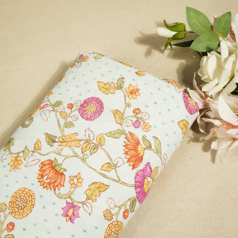 Sky Blue Floral Cutdana Embroidery Cotton Linen Fabric GT-25550