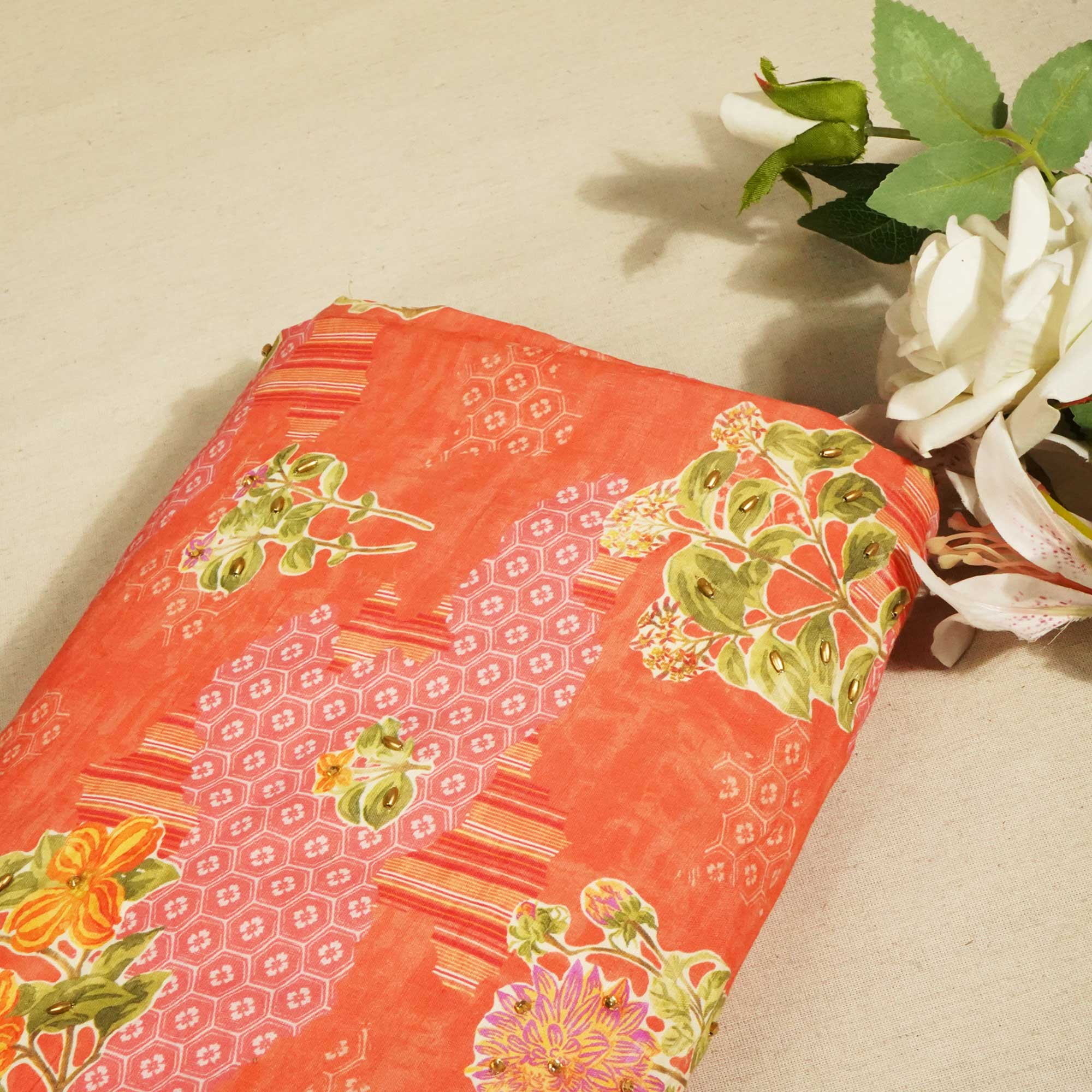 Brick Red Foral Ricebeads Embroidery Cotton Linen Fabric GT-25551