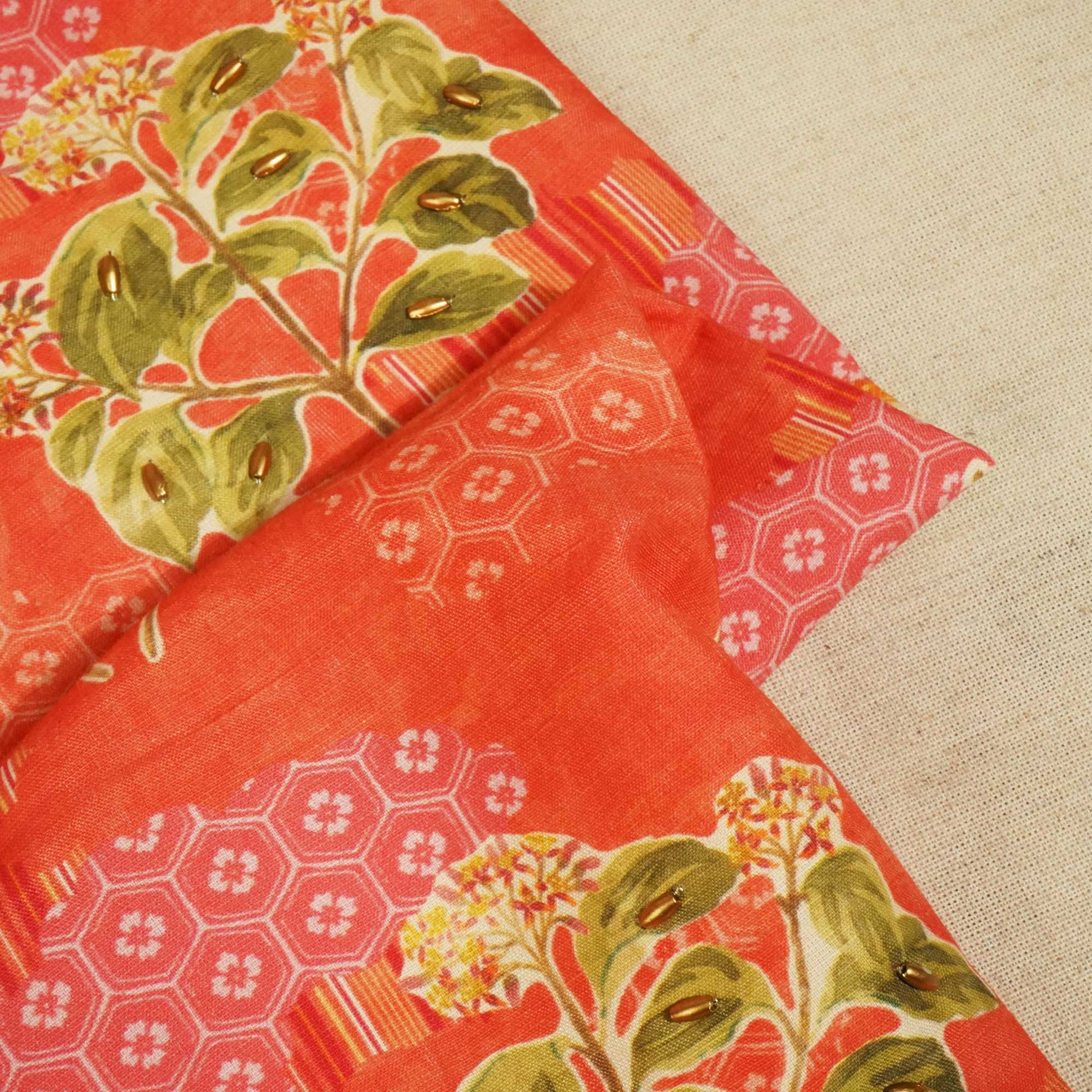 Brick Red Foral Ricebeads Embroidery Cotton Linen Fabric GT-25551