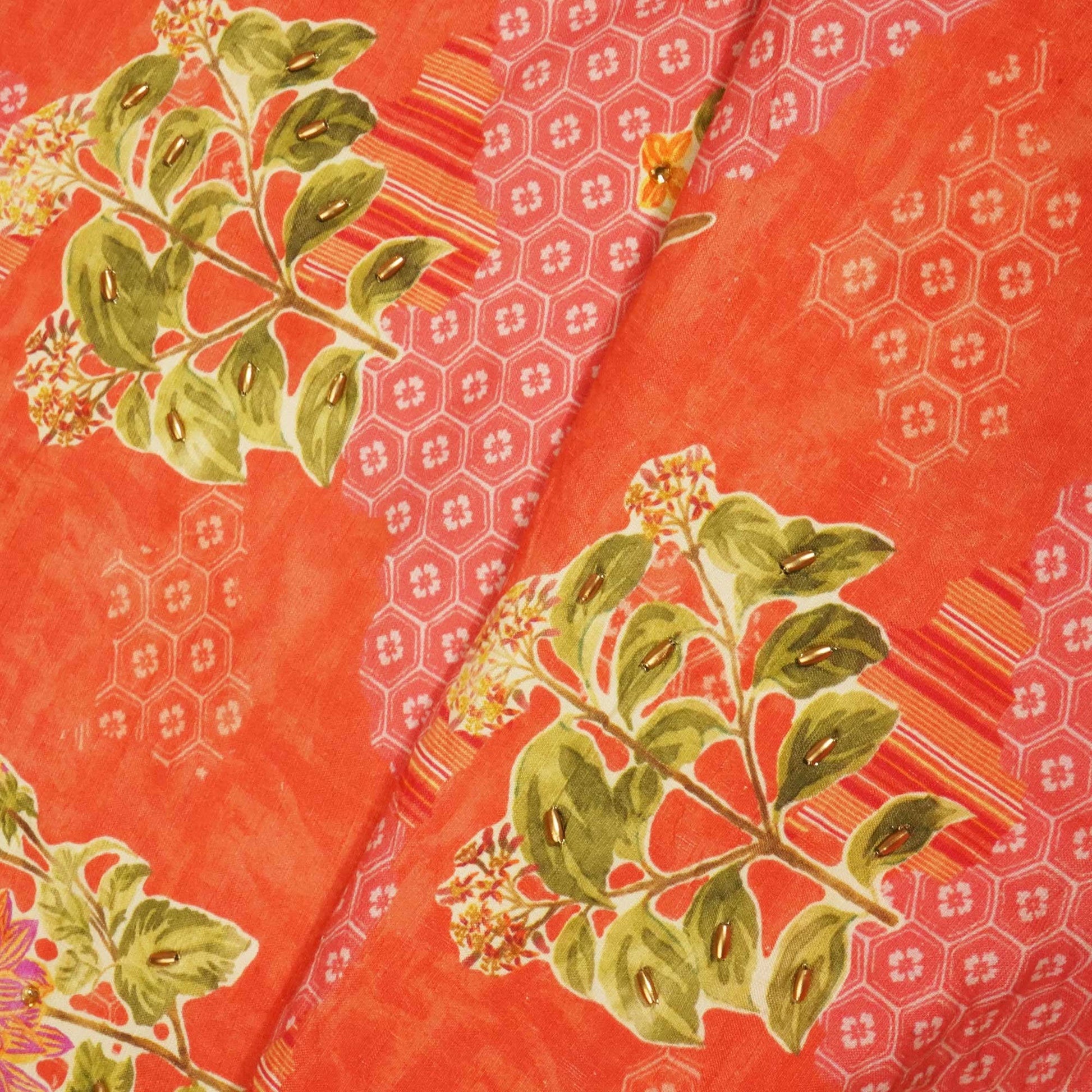 Brick Red Foral Ricebeads Embroidery Cotton Linen Fabric GT-25551