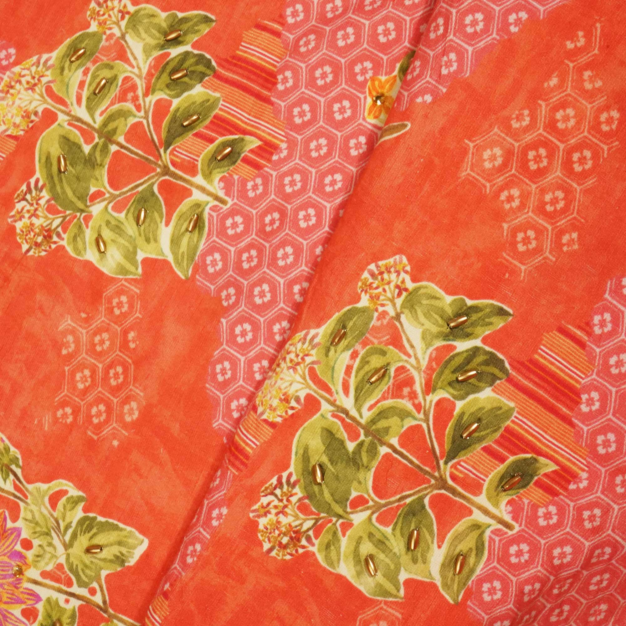Brick Red Foral Ricebeads Embroidery Cotton Linen Fabric GT-25551