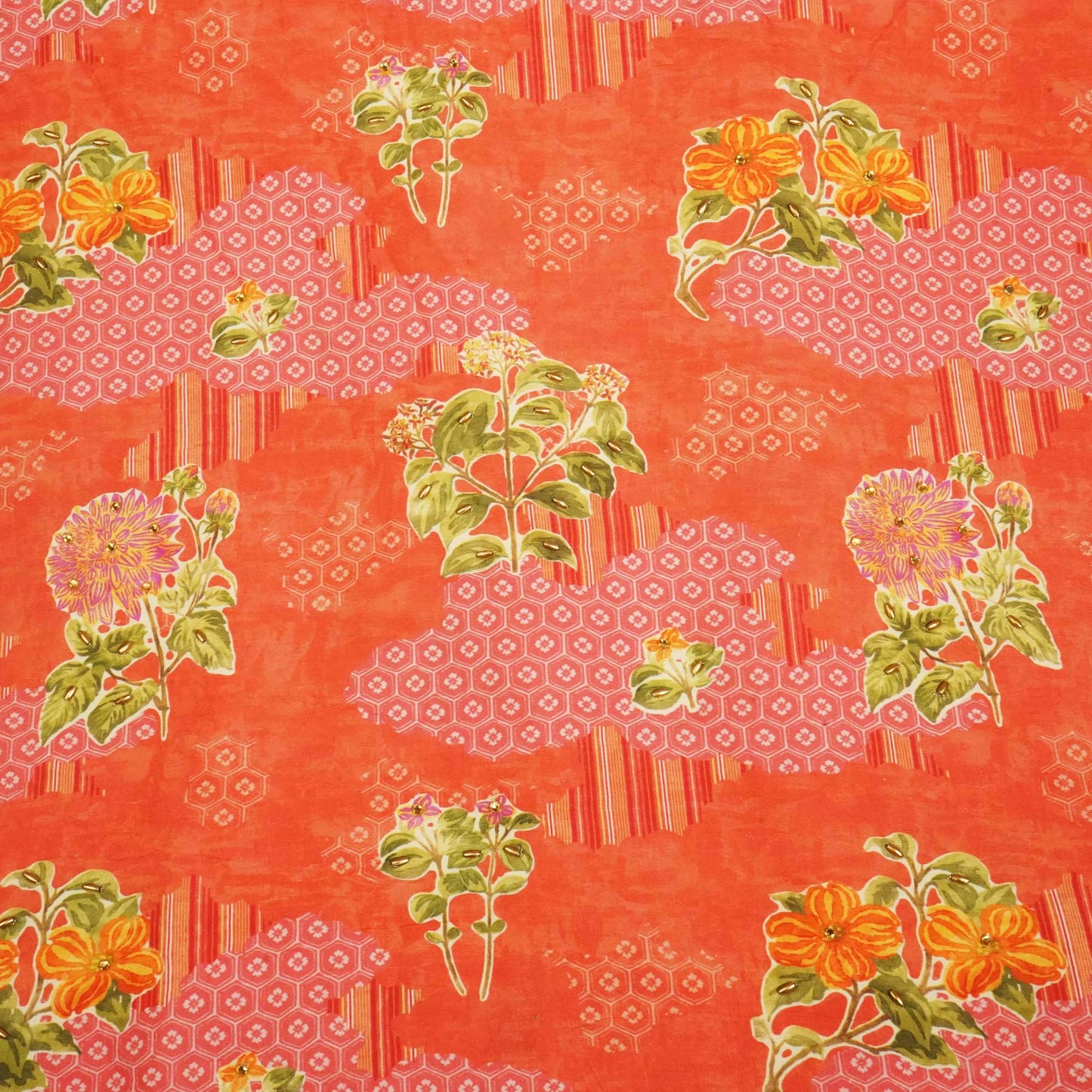 Brick Red Foral Ricebeads Embroidery Cotton Linen Fabric GT-25551