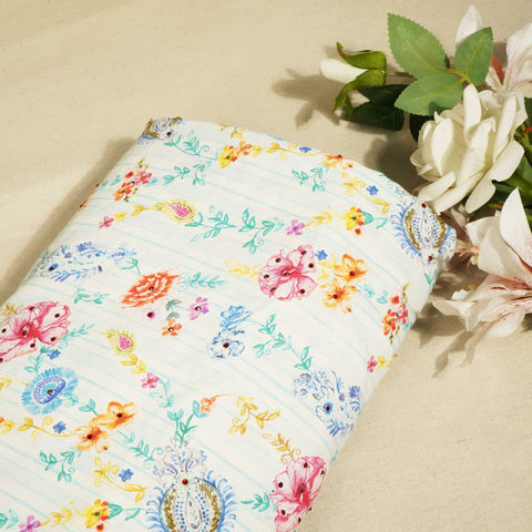 Sky Blue Cutdana Embroidery Cotton Linen Fabric GT-25552