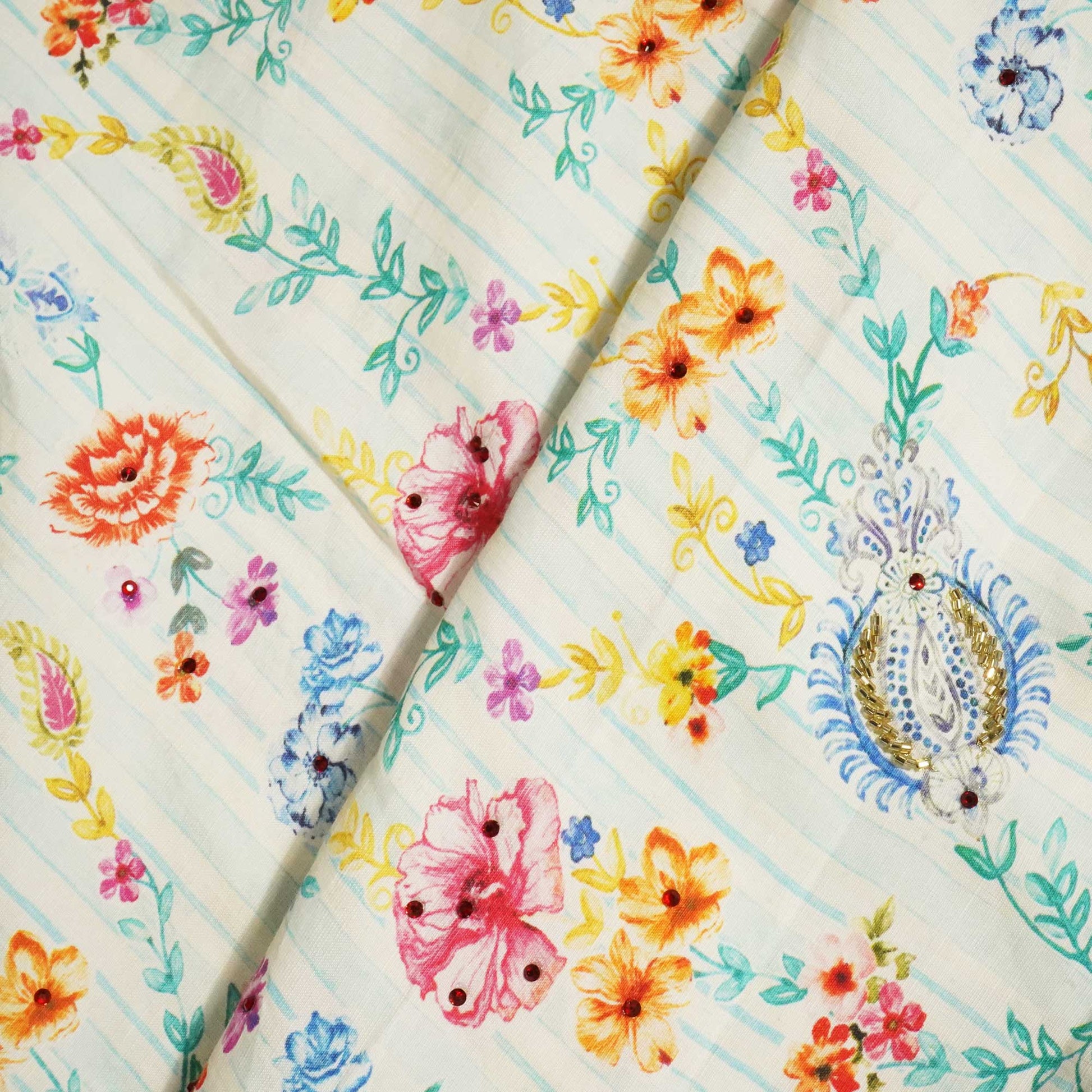 Sky Blue Cutdana Embroidery Cotton Linen Fabric GT-25552