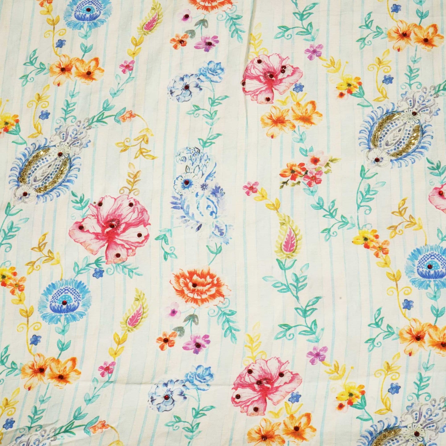 Sky Blue Cutdana Embroidery Cotton Linen Fabric GT-25552