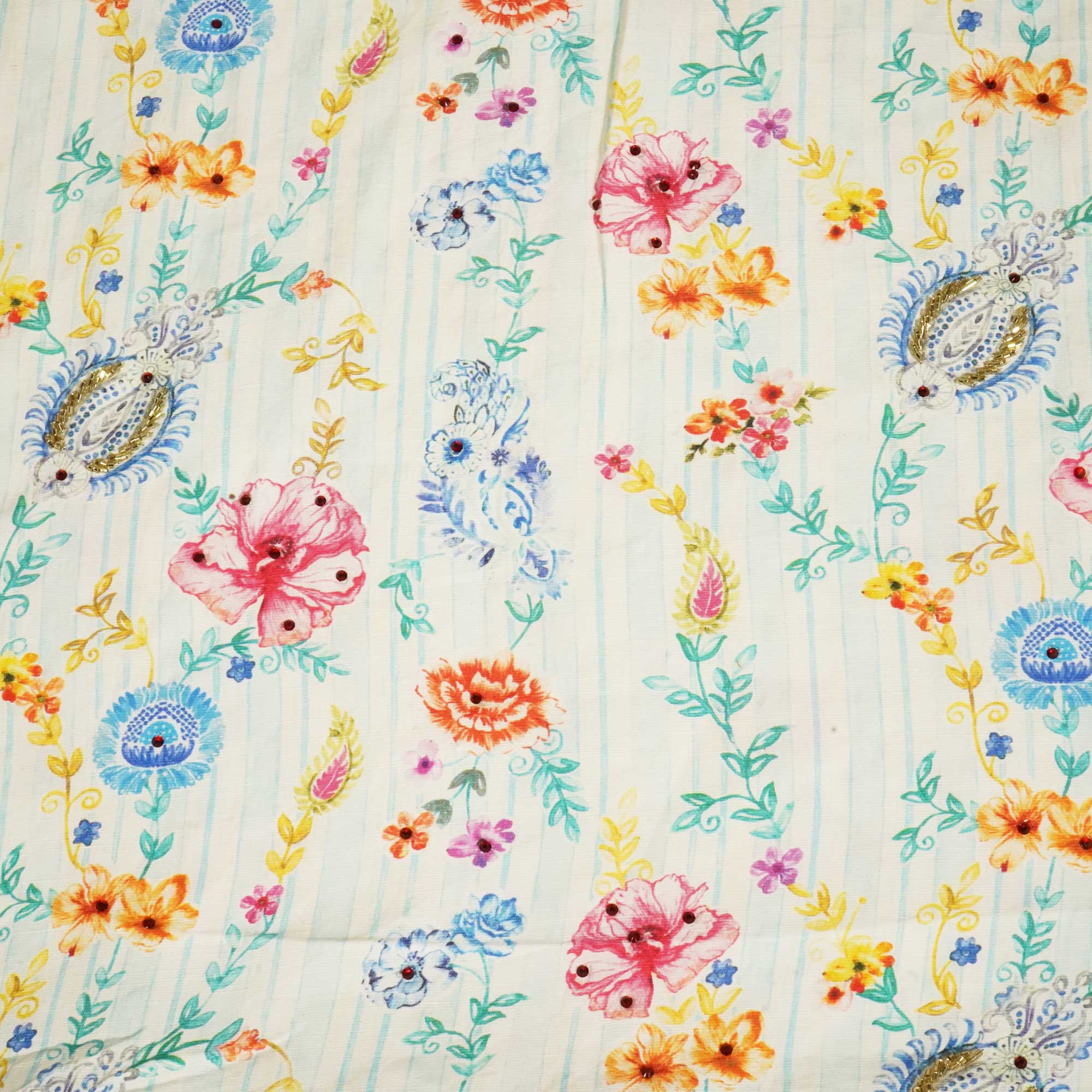 Sky Blue Cutdana Embroidery Cotton Linen Fabric GT-25552