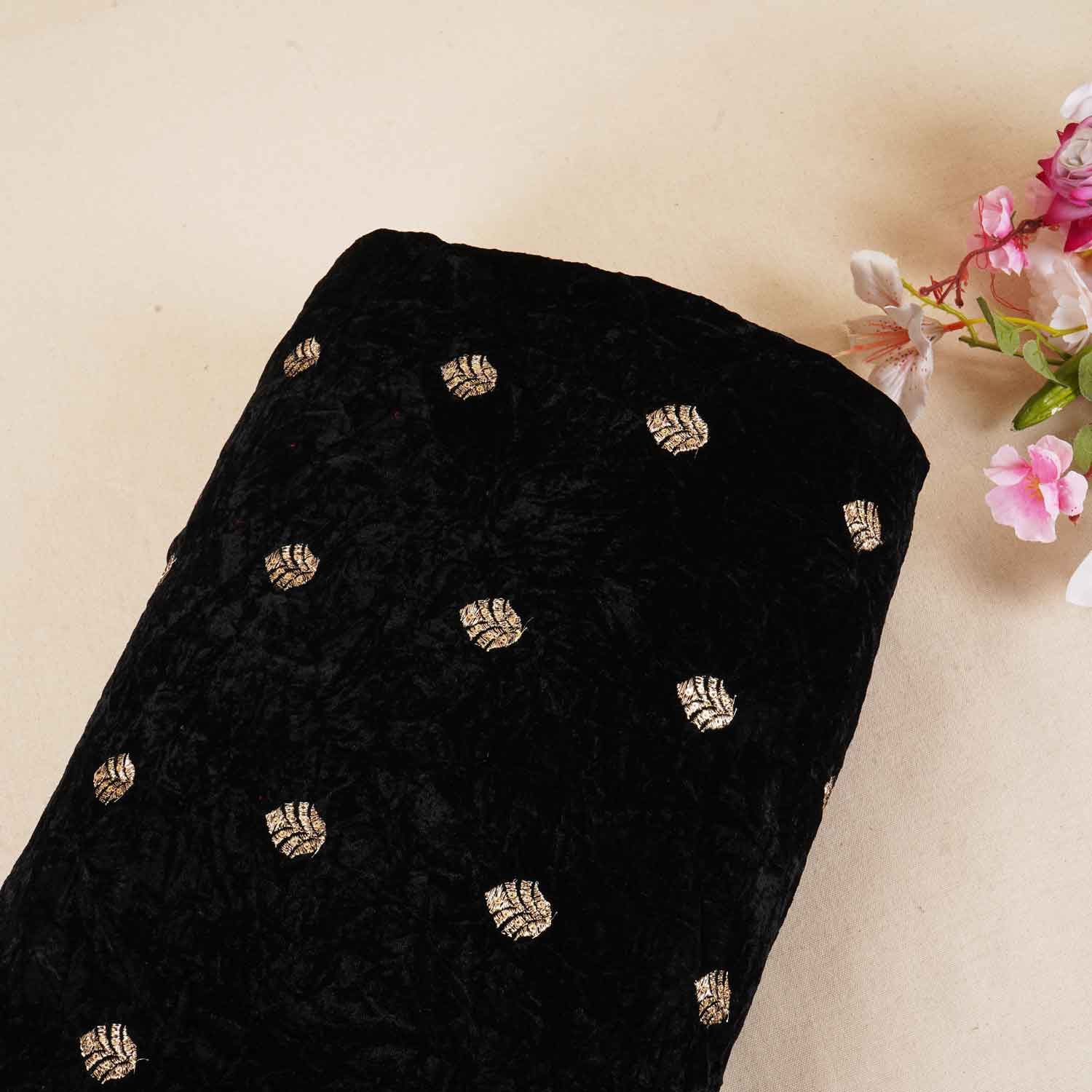 Black Floral Cutdana Crushed Velvet Fabric SC-28256 - TradeUNO