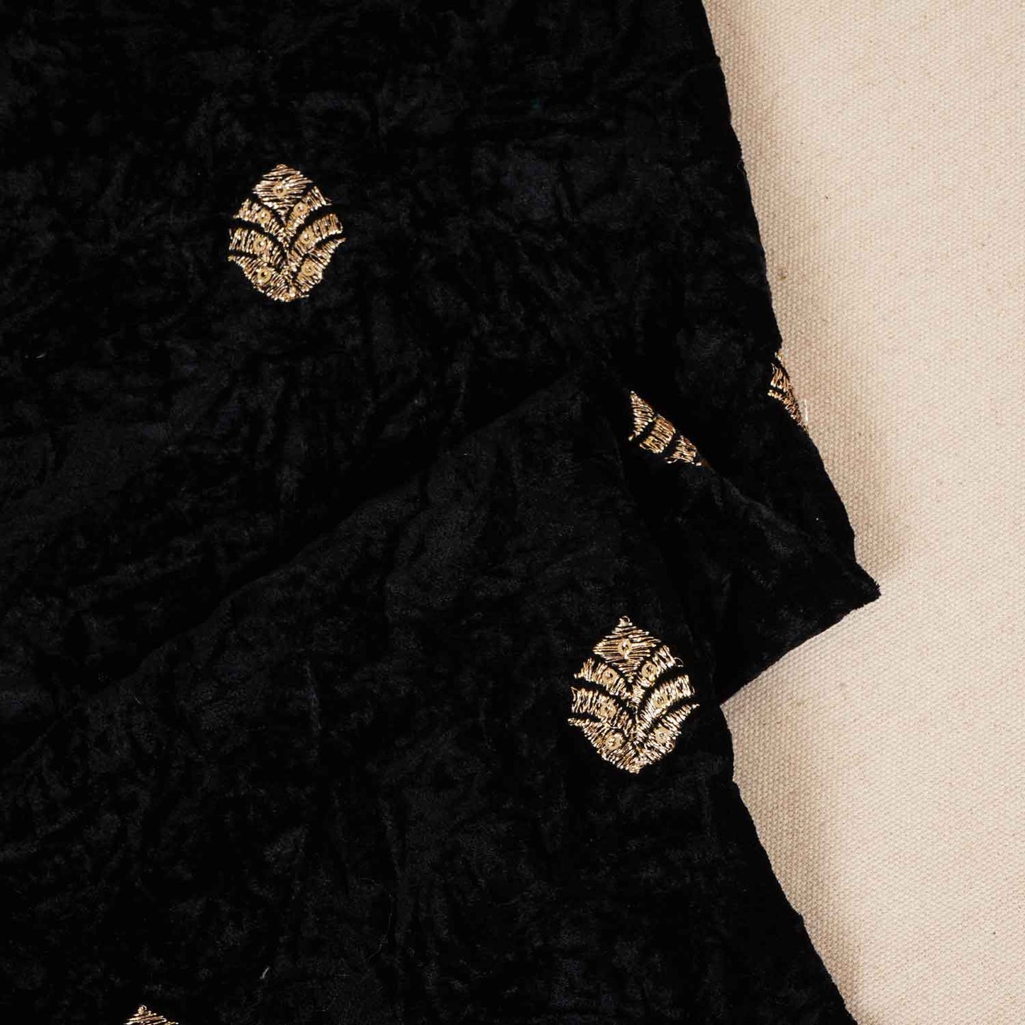 Black Floral Cutdana Crushed Velvet Fabric SC-28256 - TradeUNO