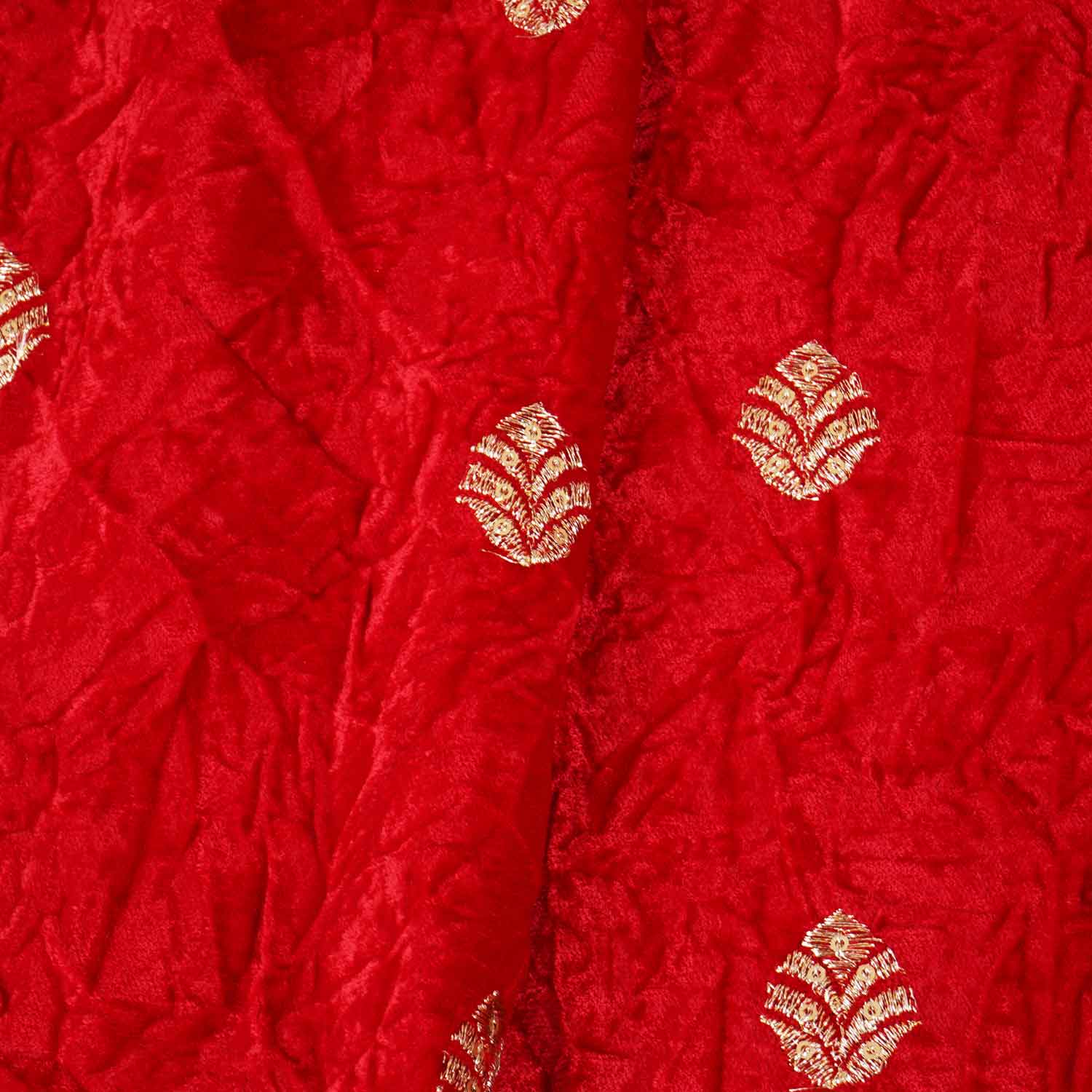 Red Floral Cutdana Crushed Velvet Fabric SC-28257 - TradeUNO