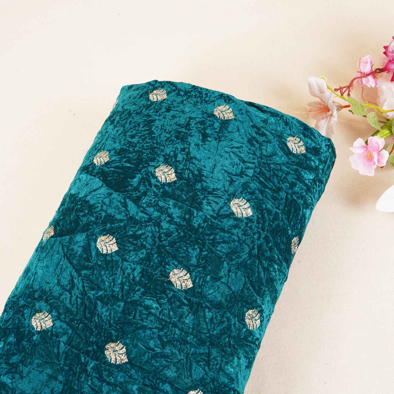 Teal Green Floral Cutdana Crushed Velvet Fabric SC-28258 - TradeUNO