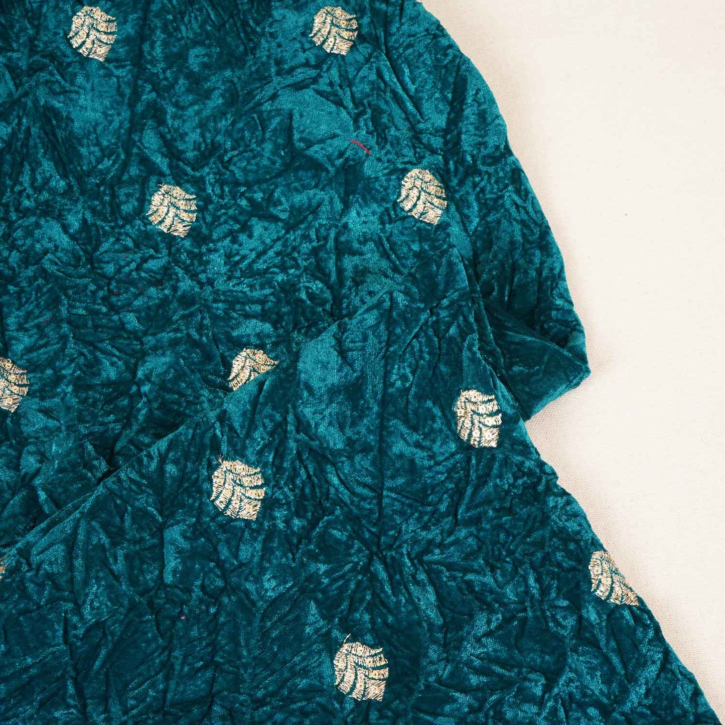 Teal Green Floral Cutdana Crushed Velvet Fabric SC-28258