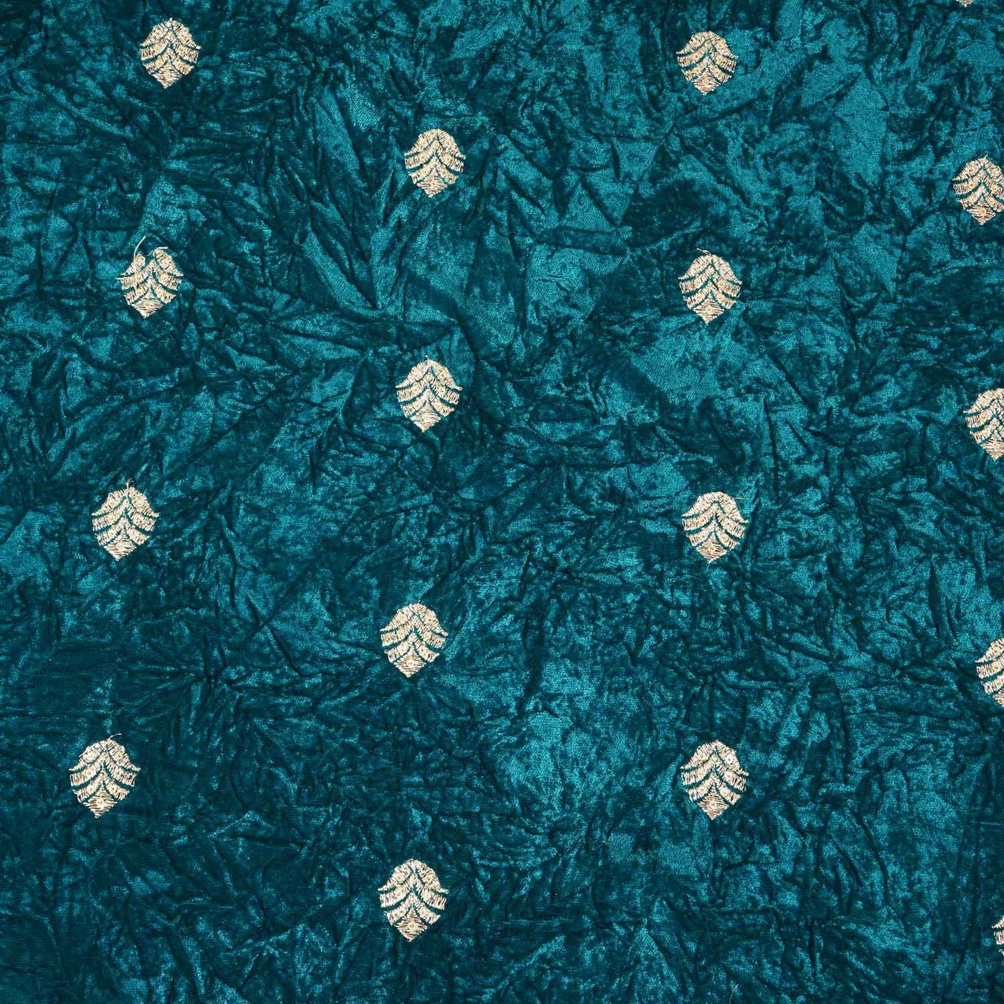 Teal Green Floral Cutdana Crushed Velvet Fabric SC-28258