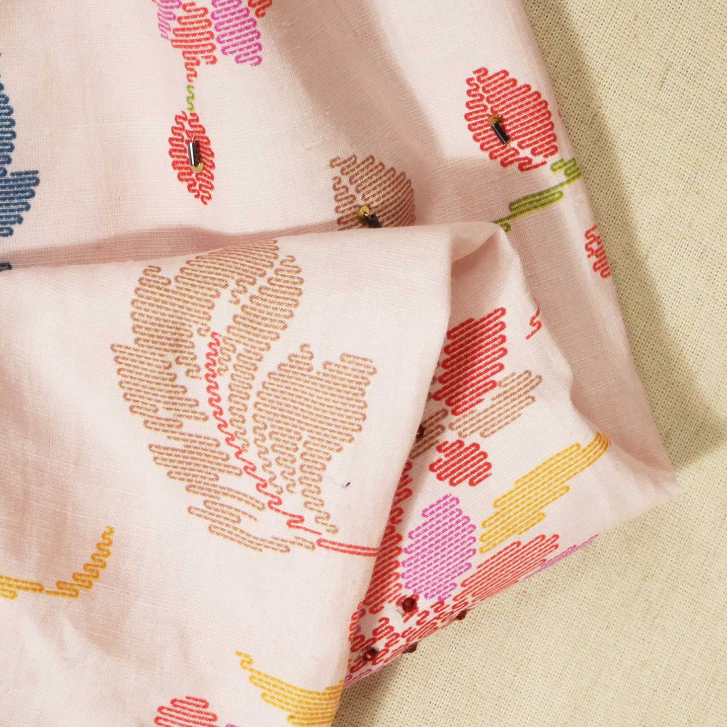 Baby Pink Floral Cutdana Embroidery Cotton Linen Fabric GT-25851