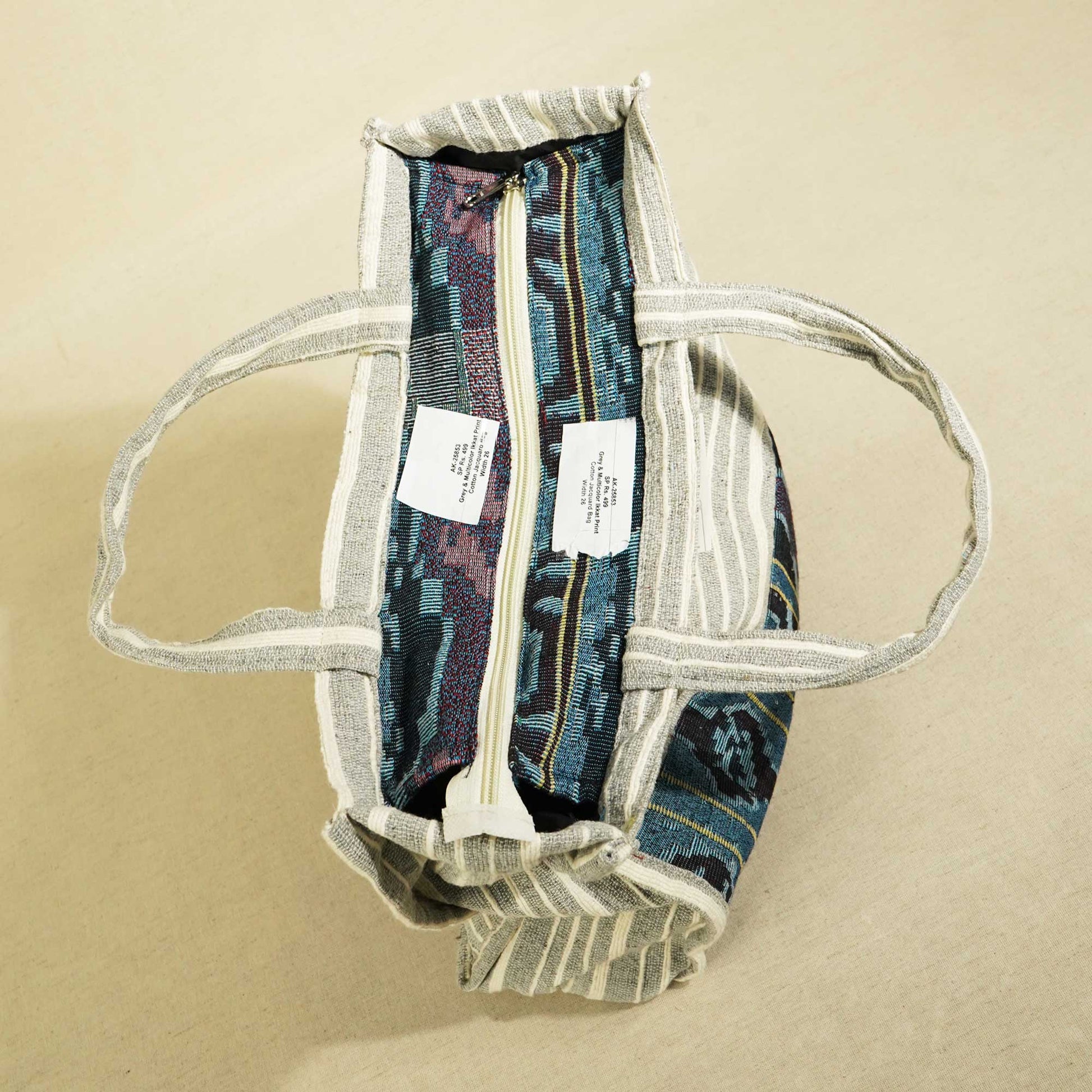 Grey & Multicolor Ikkat Print Cotton Jacquard Bag AK-25853