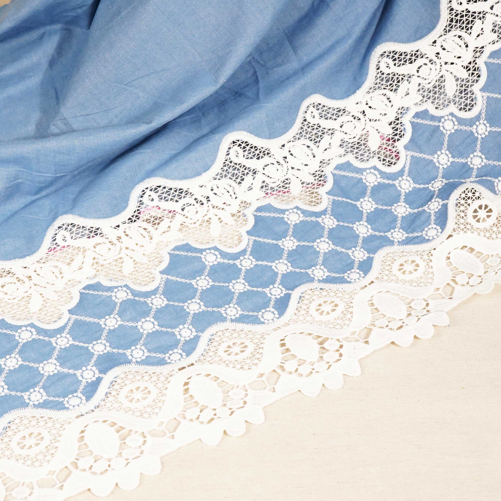 Blue Schiffli On Border Cotton Denim Fabric AF-25856