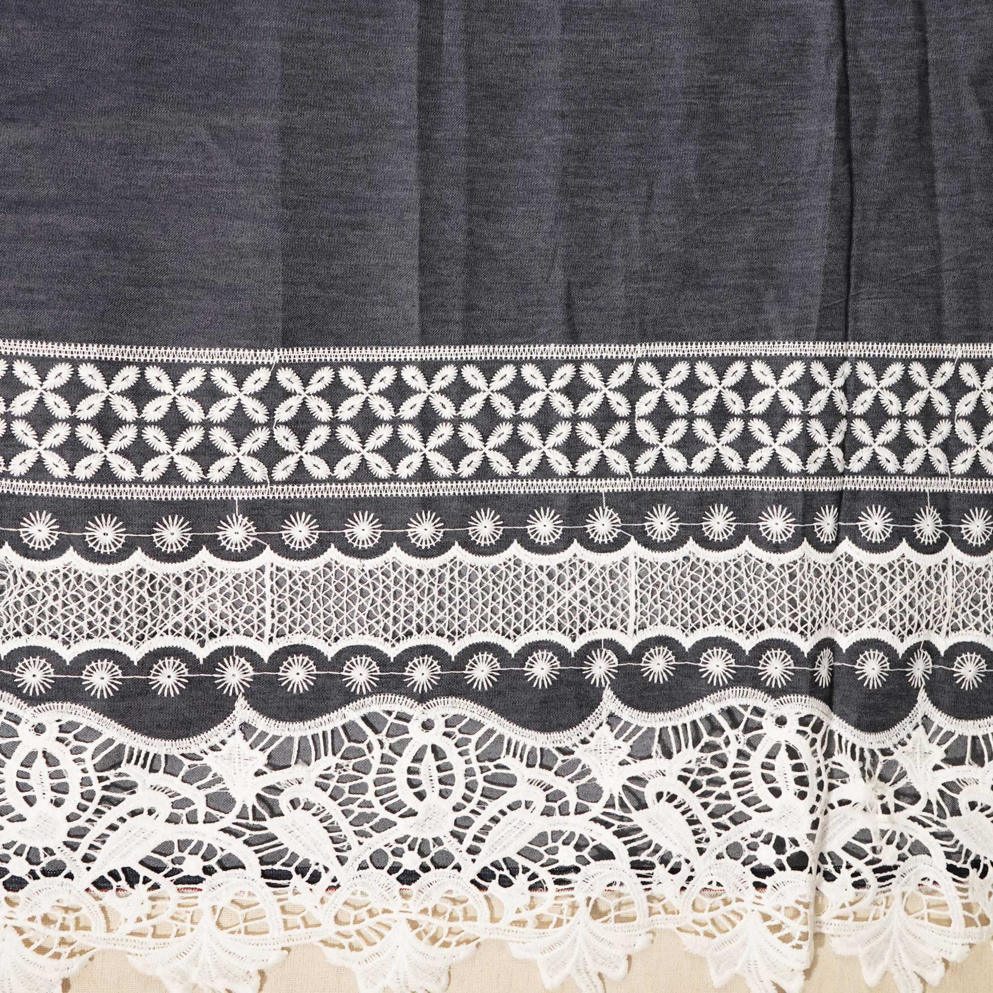Indigo Schiffli On Border Cotton Denim Fabric AF-25857