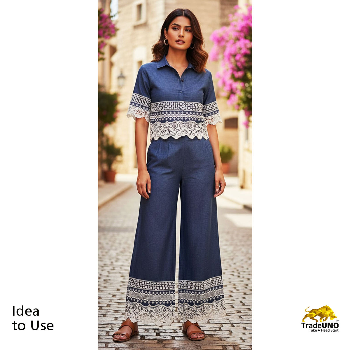 Indigo Schiffli On Border Cotton Denim Fabric AF-25857 - TradeUNO