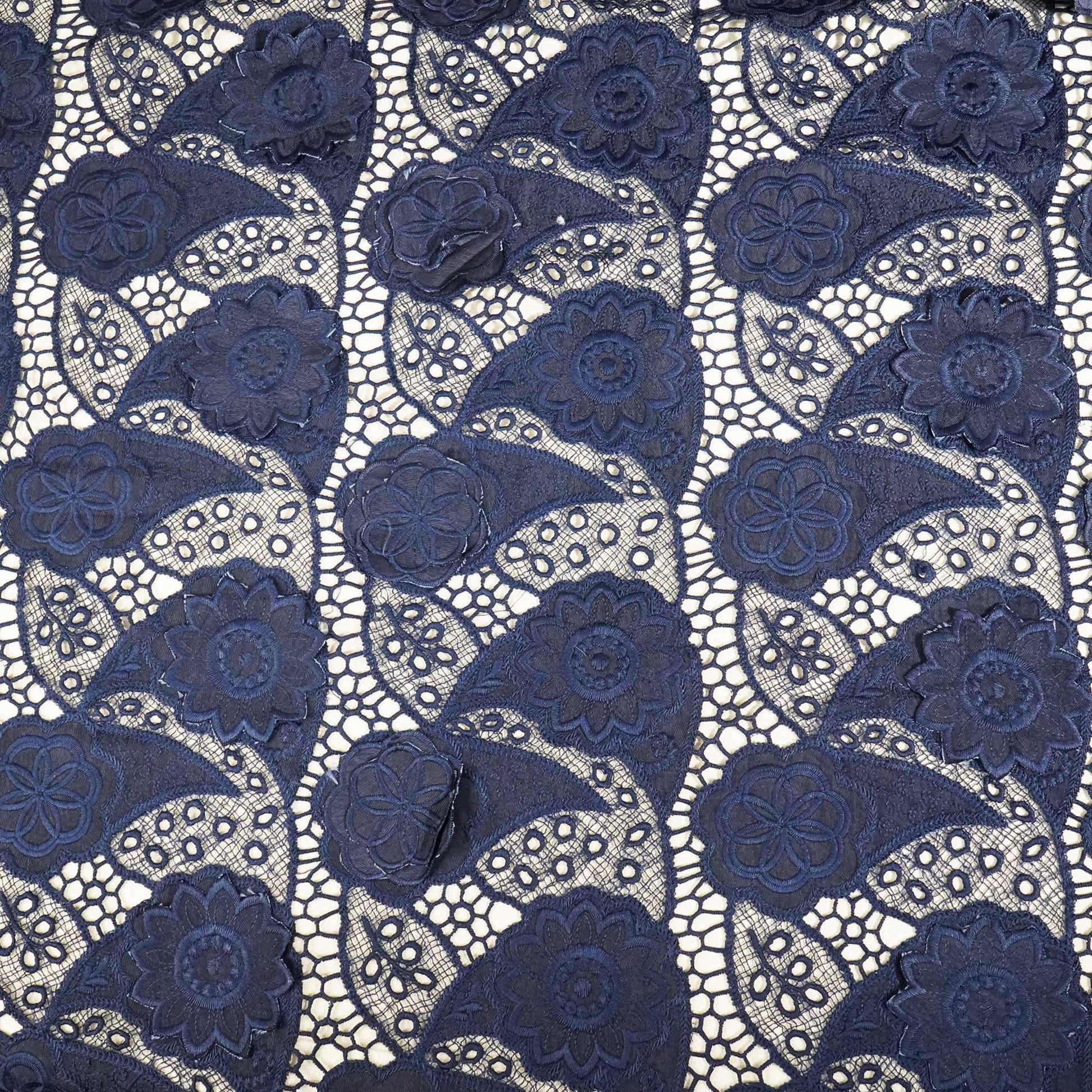Indigo Floral Crochet Cotton Denim Fabric AF-25861