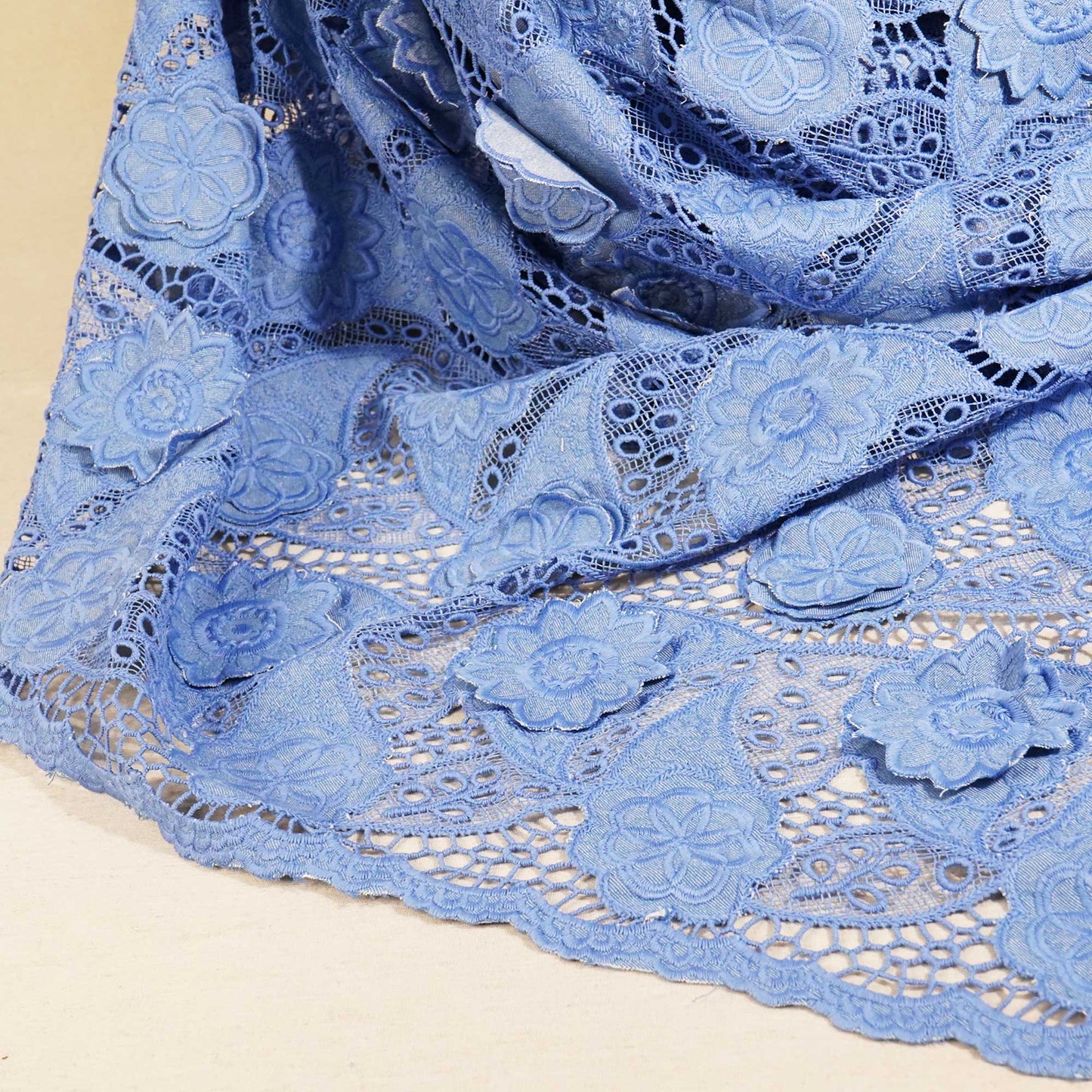 Blue Floral Crochet Cotton Denim Fabric AF-25862
