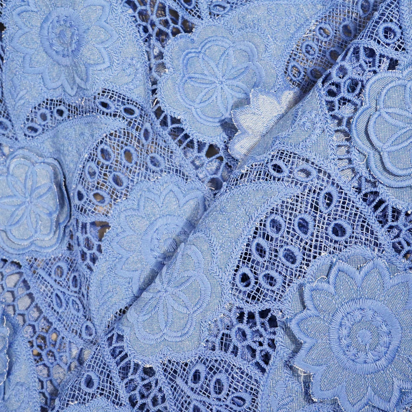 Blue Floral Crochet Cotton Denim Fabric AF-25862